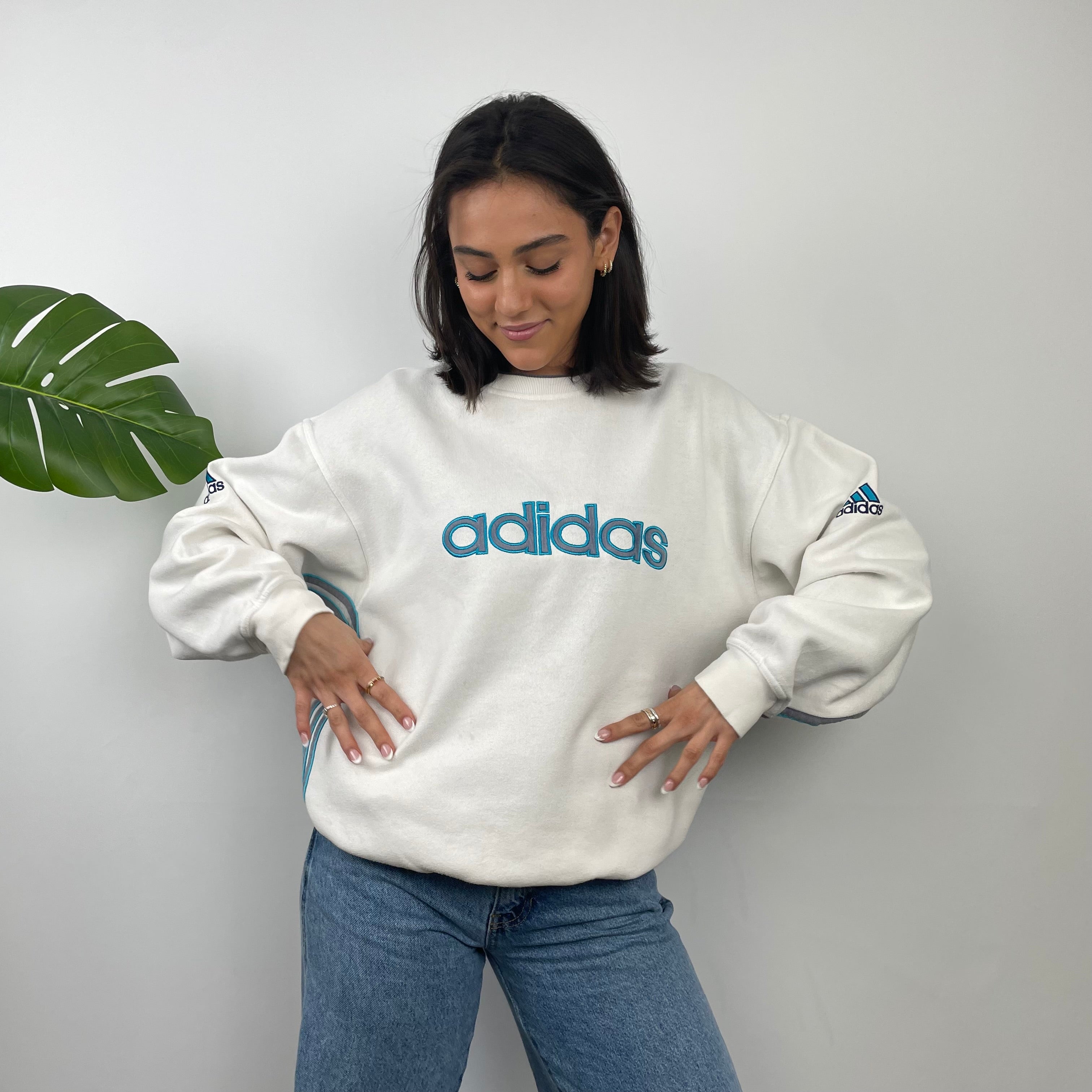 Adidas White Embroidered Spell Out Sweatshirt (M)