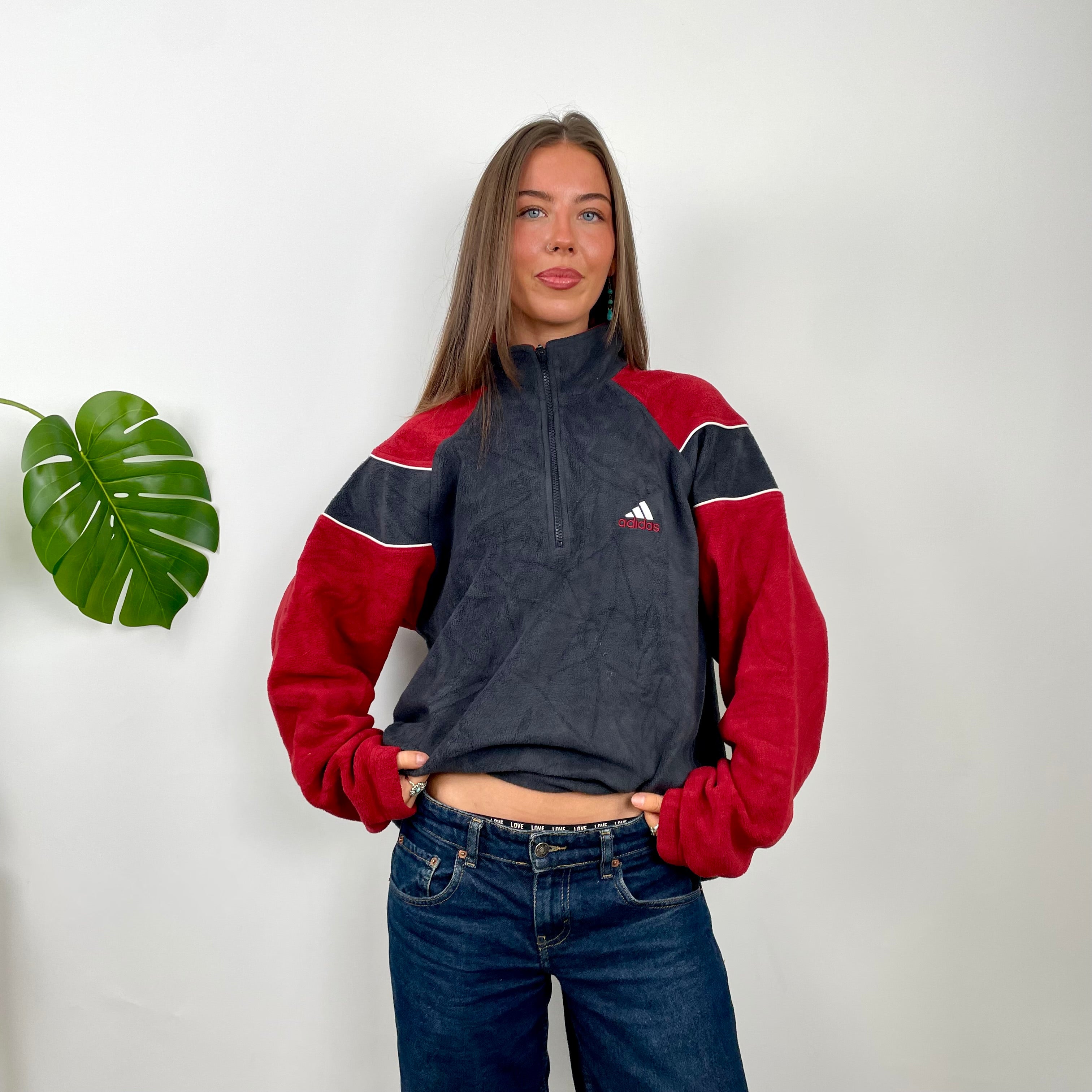 Adidas Black Colour Block Embroidered Spell Out Teddy Bear Fleece Quarter Zip Sweatshirt (XL)