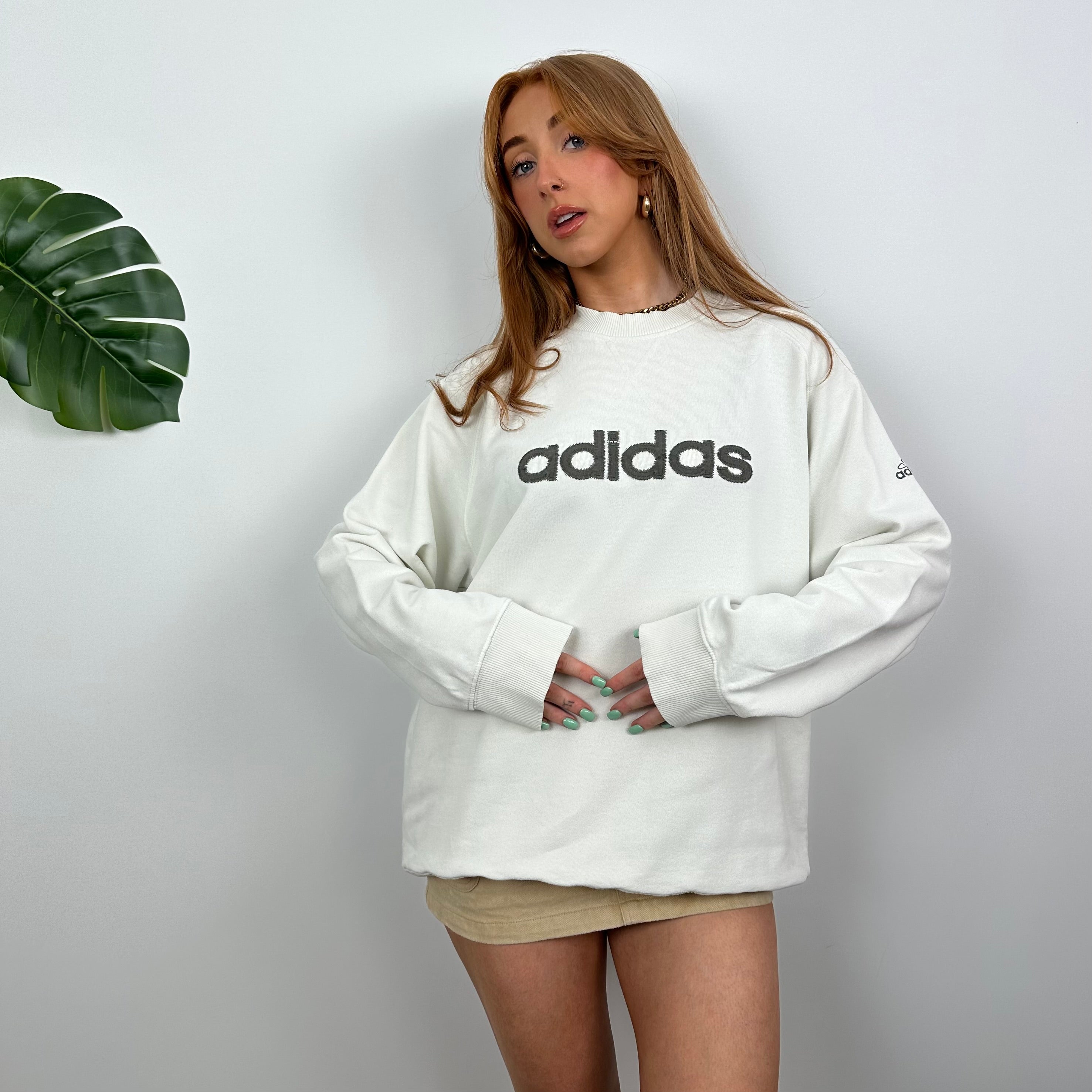 Adidas White Embroidered Spell Out Sweatshirt (L)