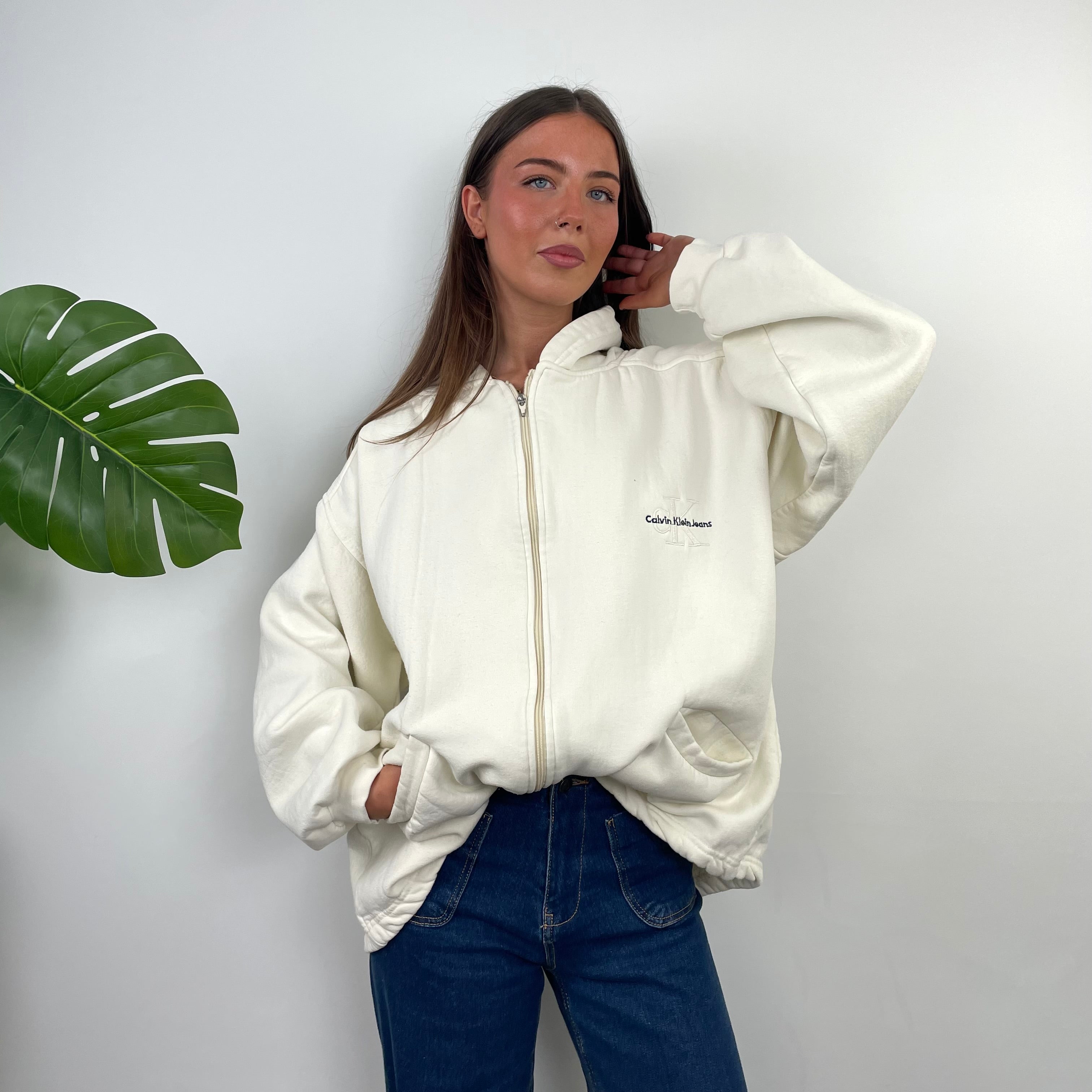 Calvin Klein Buttermilk Lemon Embroidered Spell Out Zip Up Hoodie (L)
