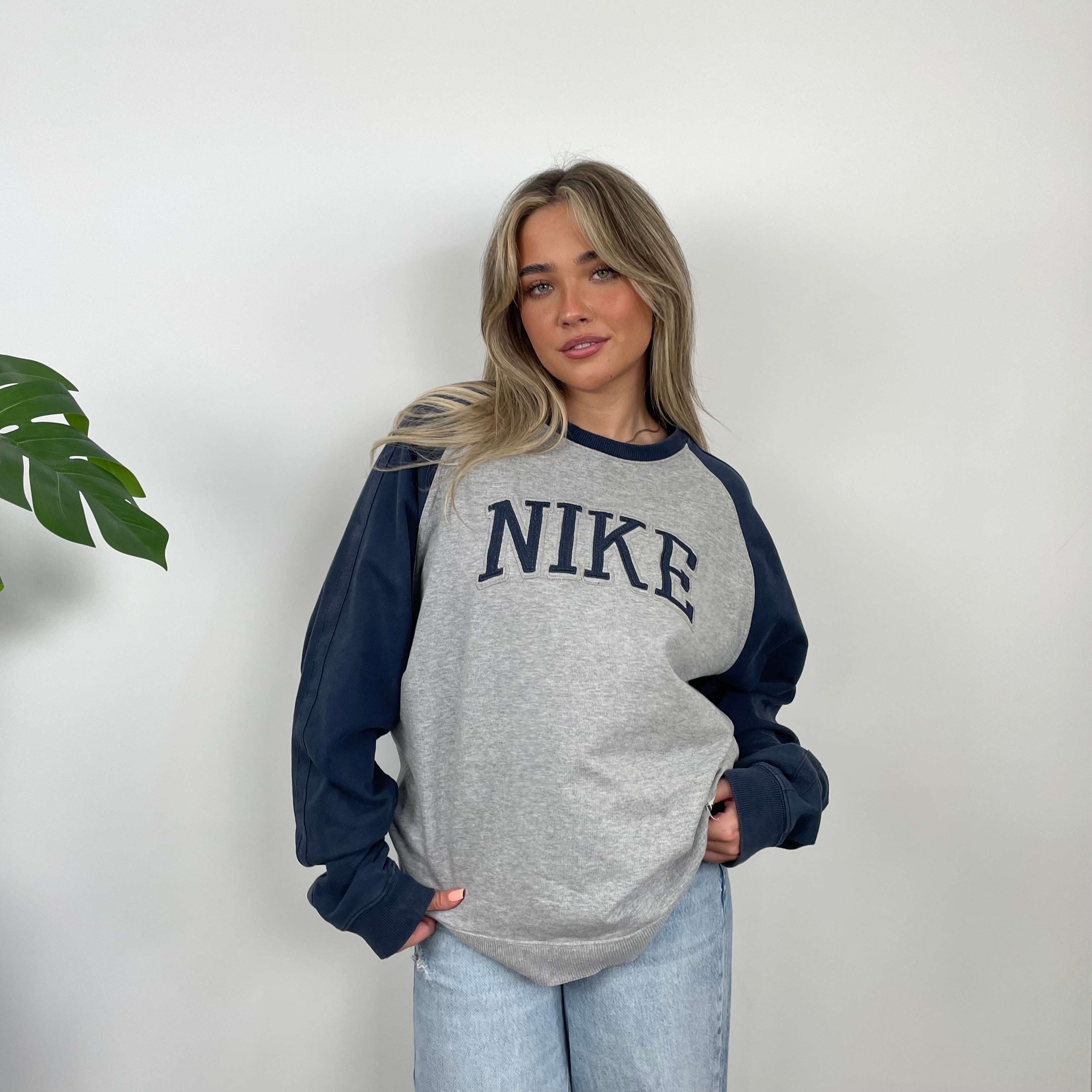 Nike Grey and Navy Embroidered Spell Out Sweatshirt (L)