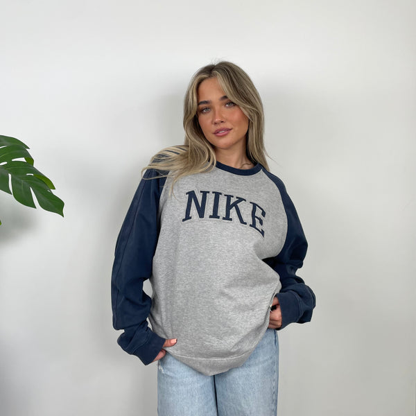 Nike Grey and Navy Embroidered Spell Out Sweatshirt (L)