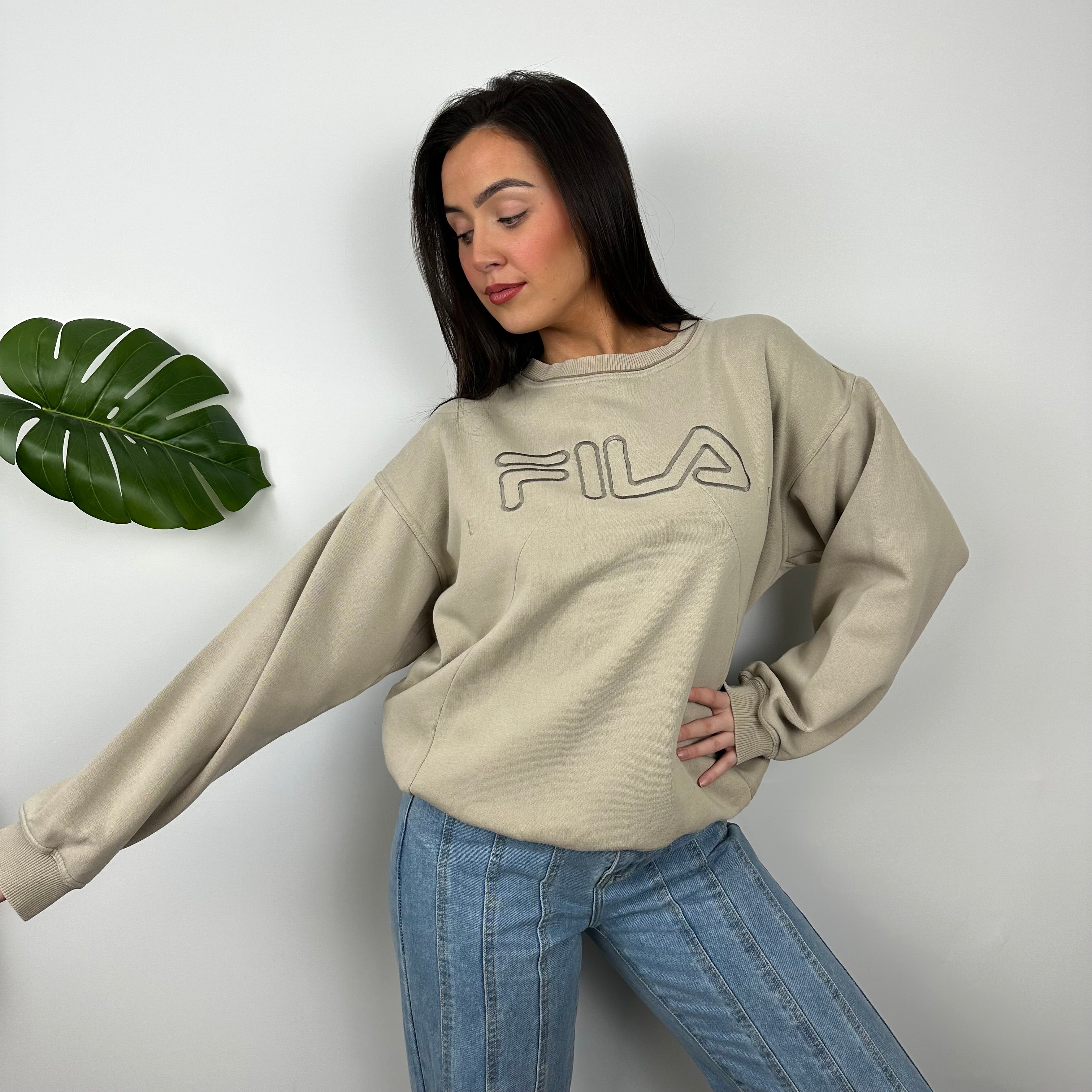 FILA Cream Embroidered Spell Out Sweatshirt (L)