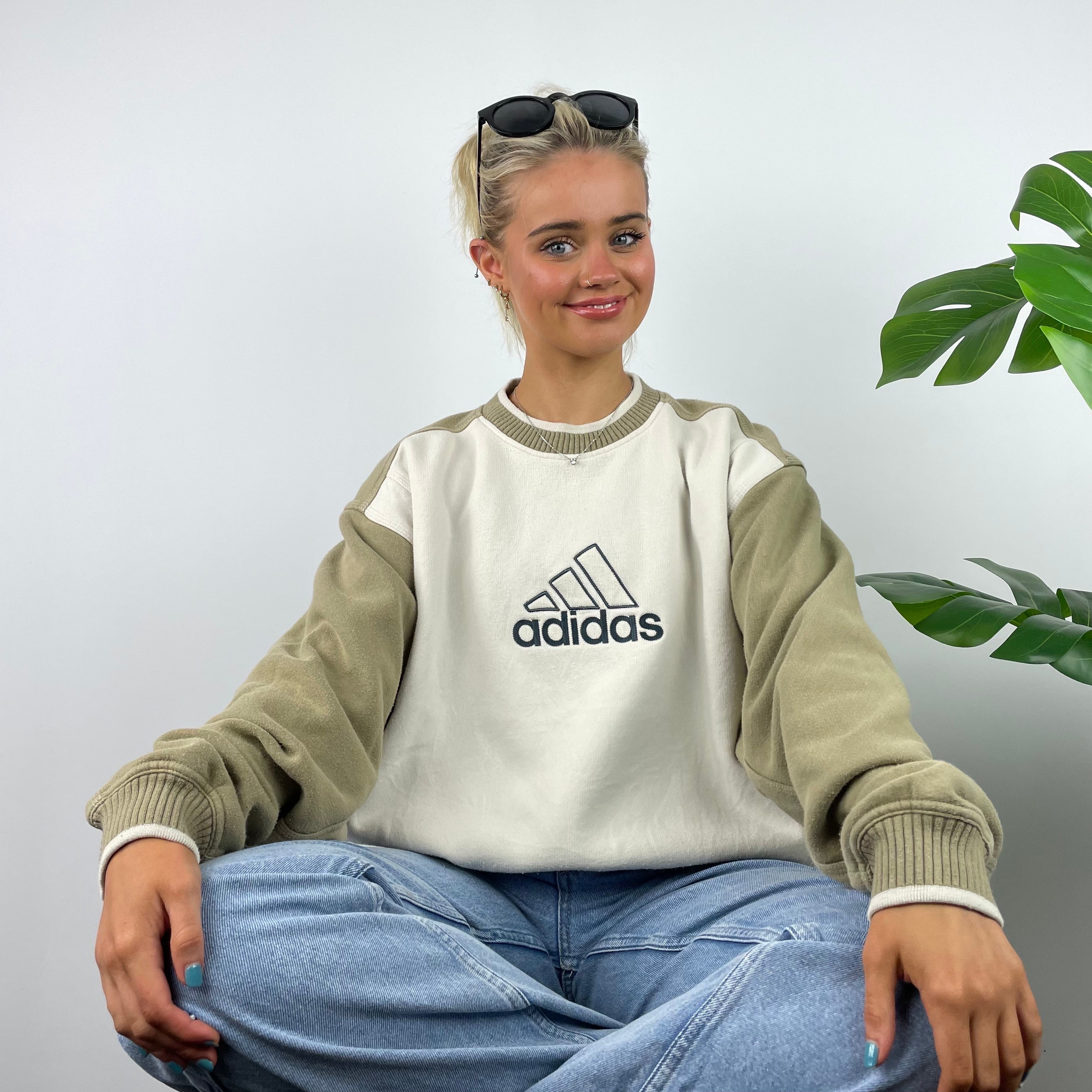 Adidas RARE Cream and Tan Brown Embroidered Spell Out Sweatshirt (M)