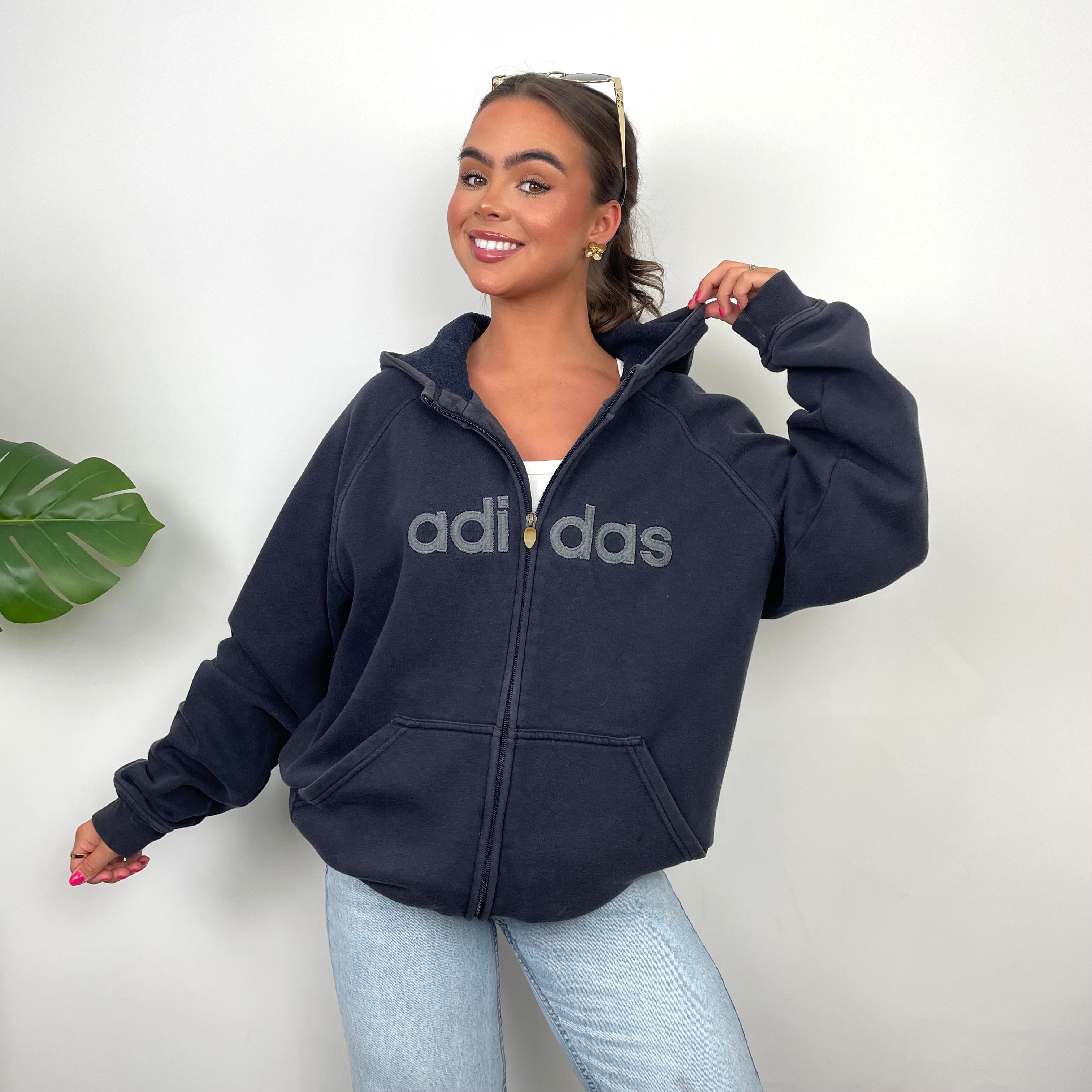 Adidas Navy Embroidered Spell Out Zip Up Hoodie Jacket (M)