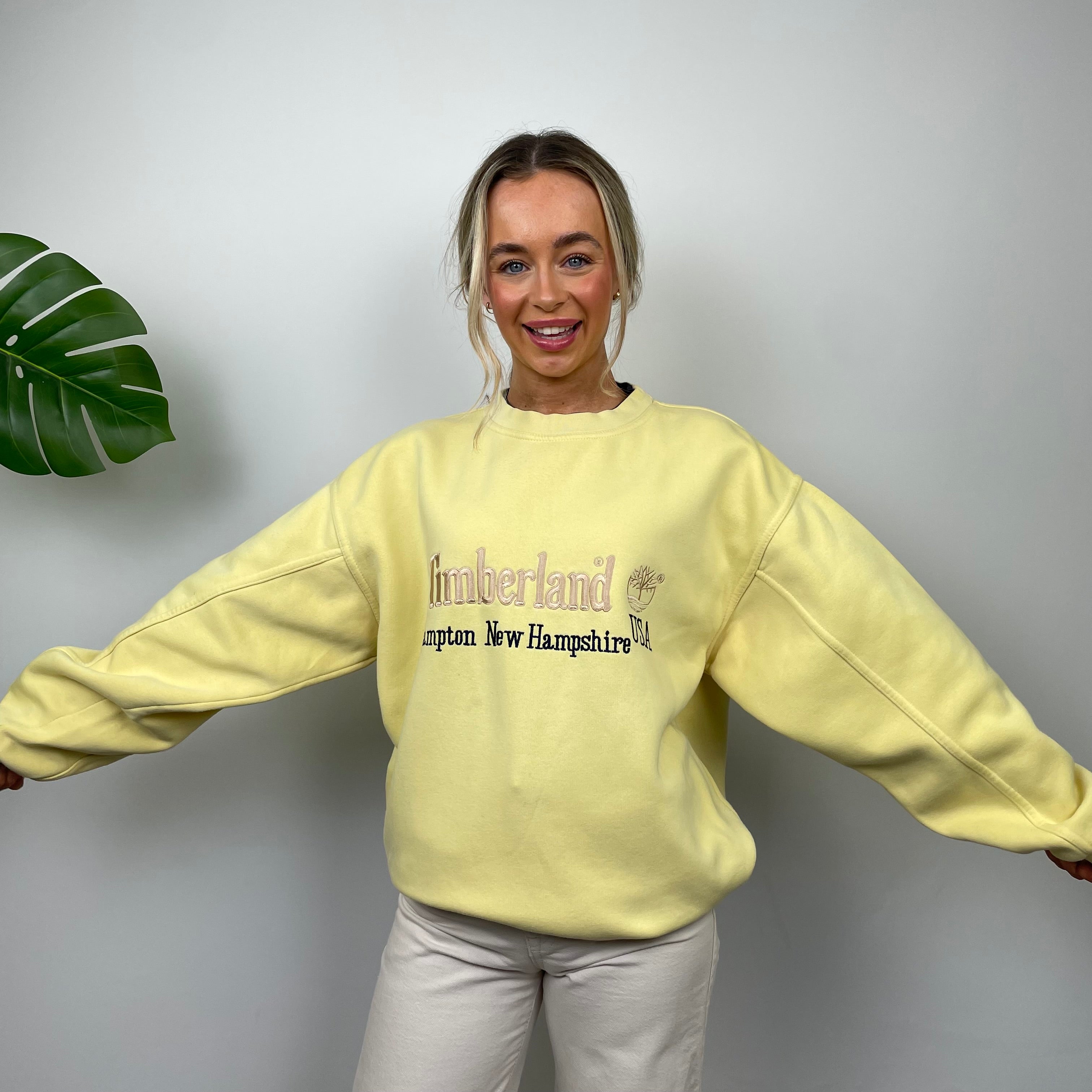 Timberland RARE Pastel Yellow Embroidered Spell Out Sweatshirt (XL)