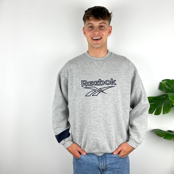 Reebok RARE Grey Embroidered Spell Out Sweatshirt (L)