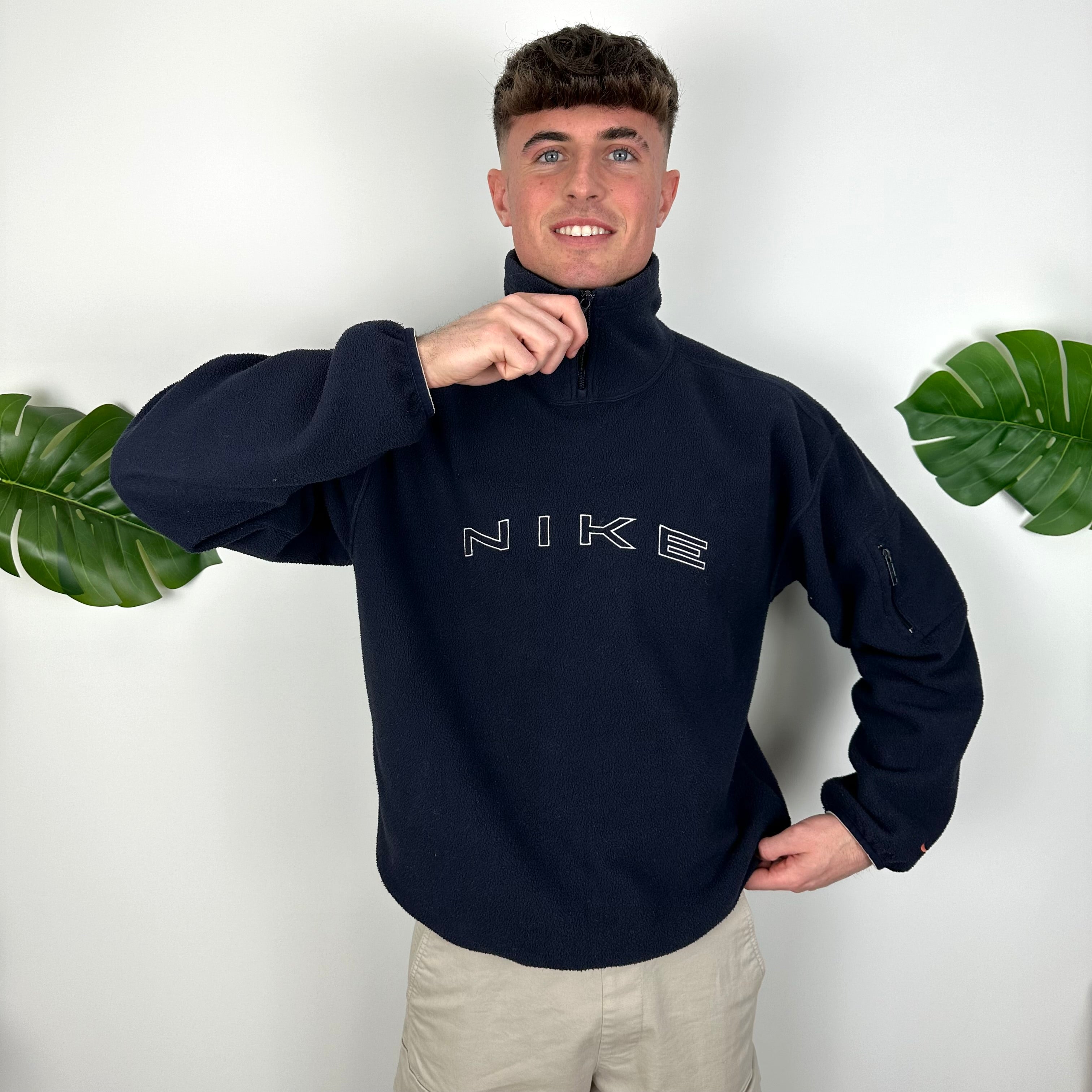 Nike Navy Embroidered Spell Out Teddy Bear Fleece Quarter Zip Sweatshirt (L)