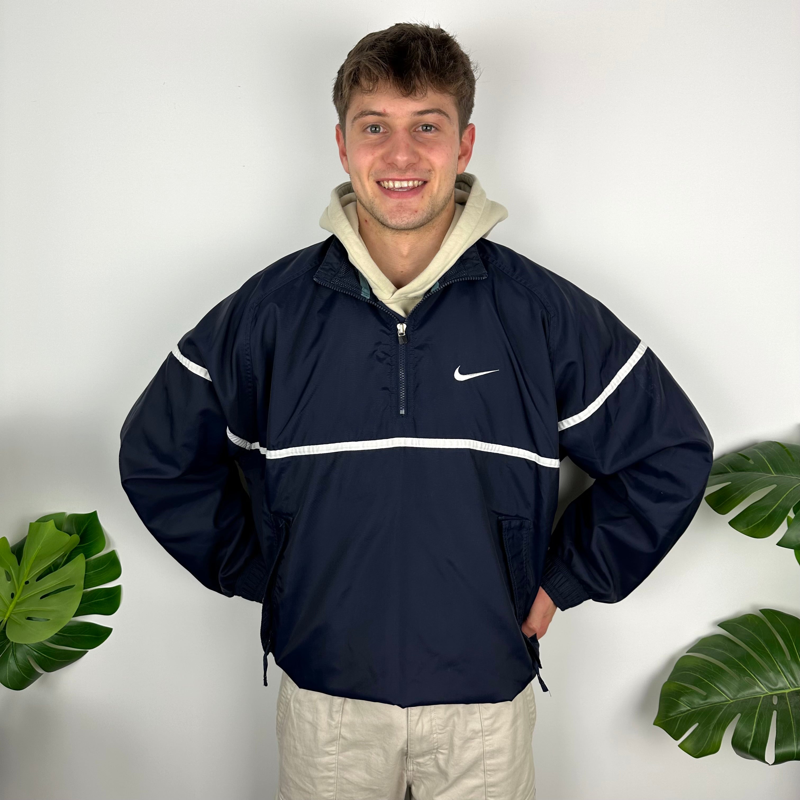 Nike Navy Embroidered Spell Out Quarter Zip Windbreaker Jacket (L)
