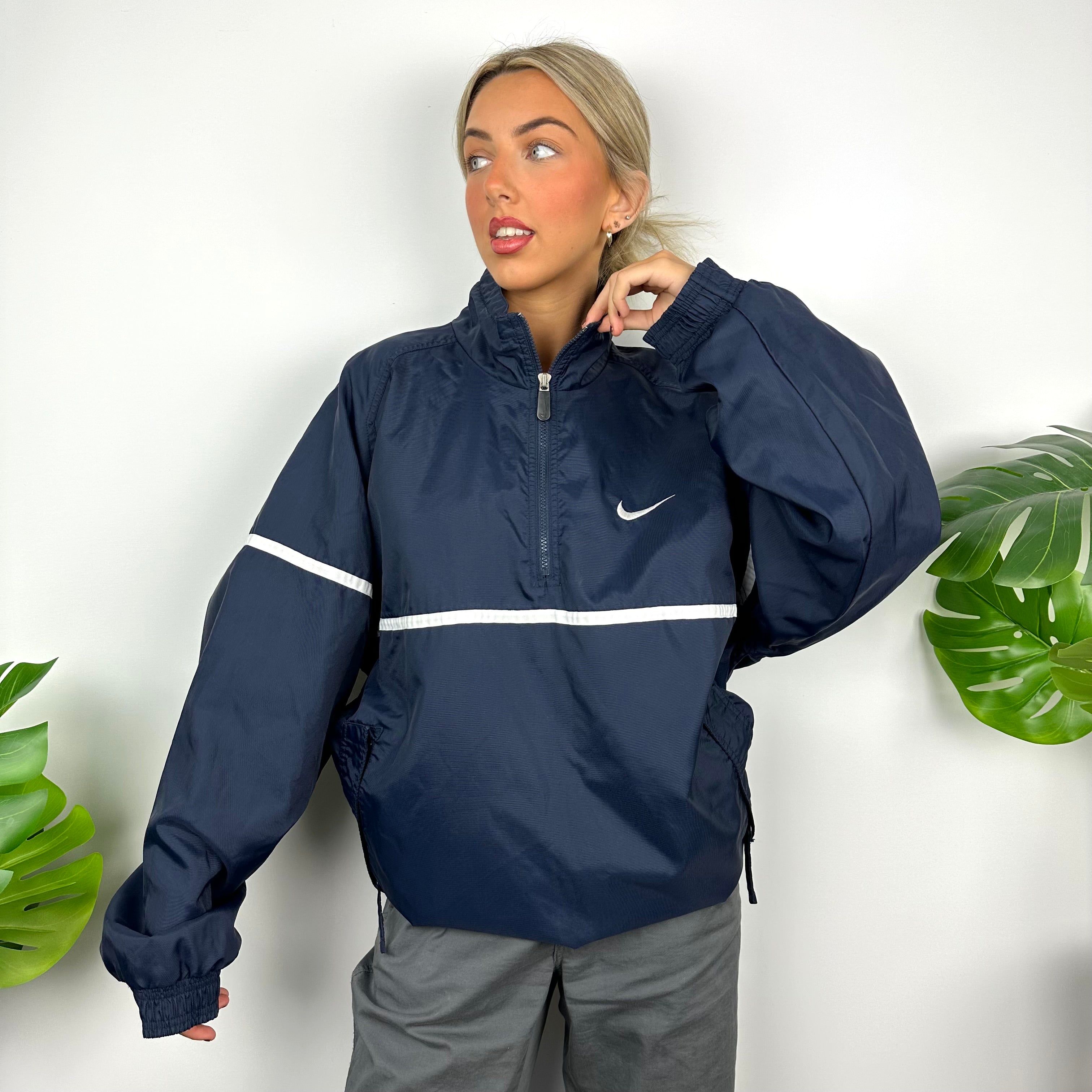 Nike Navy Embroidered Spell Out Quarter Zip Windbreaker Jacket (XL)