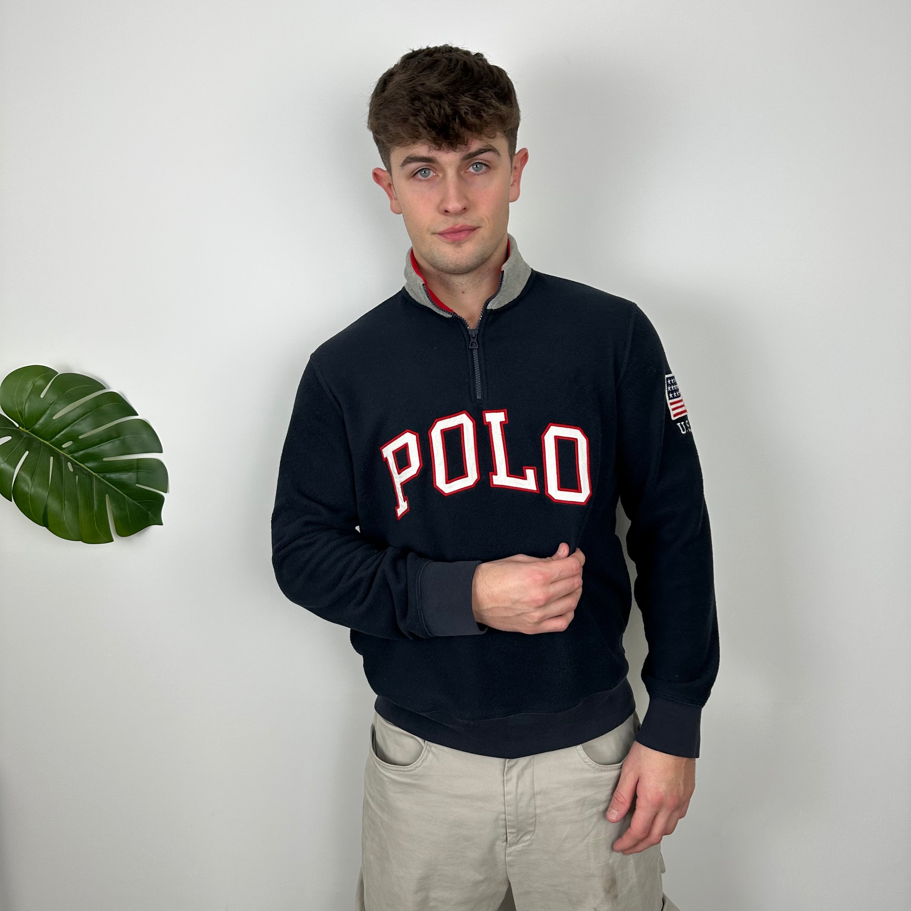 Polo Ralph Lauren Navy Embroidered Spell Out Fleece Quarter Zip (M)