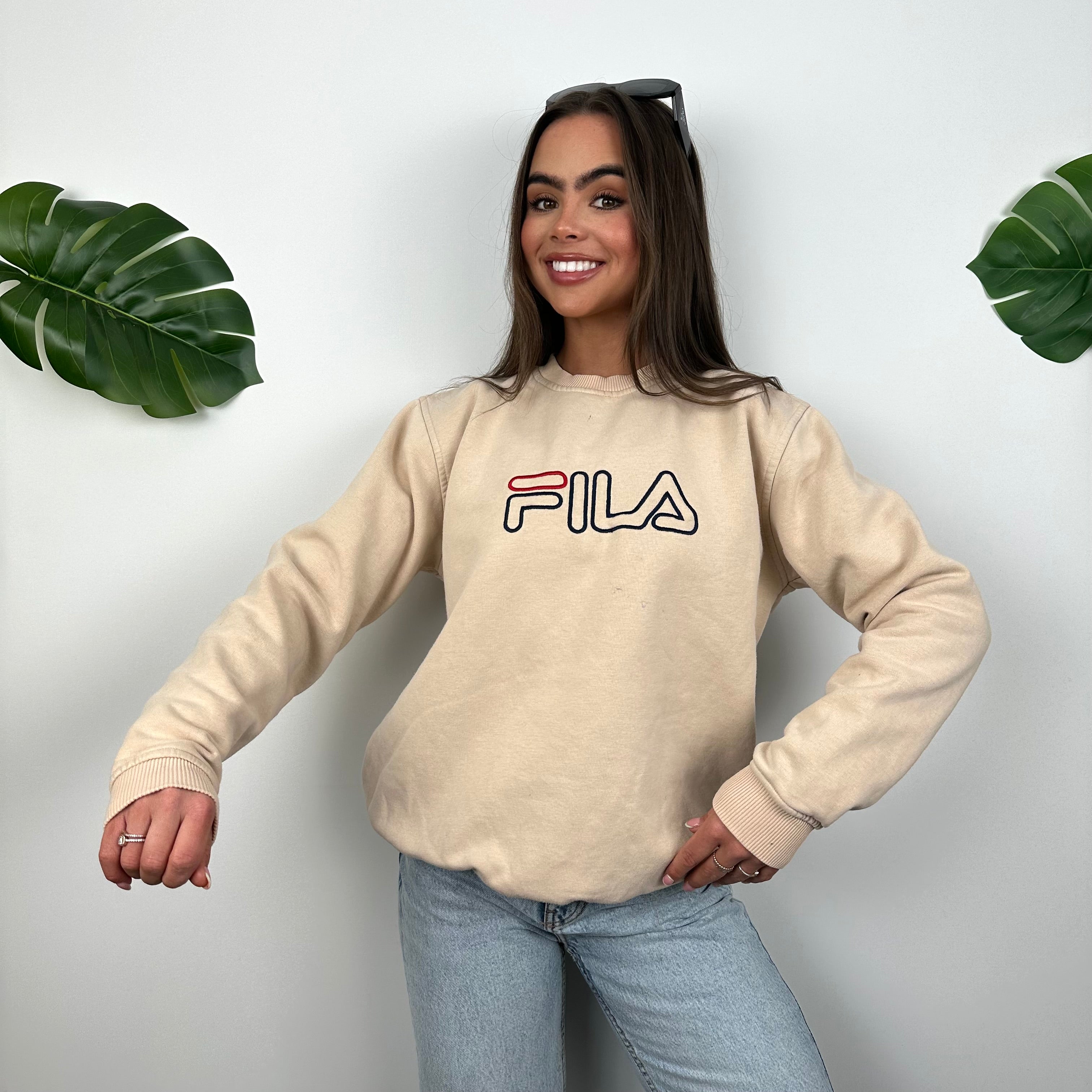 FILA Tan Brown Embroidered Spell Out Sweatshirt (M)
