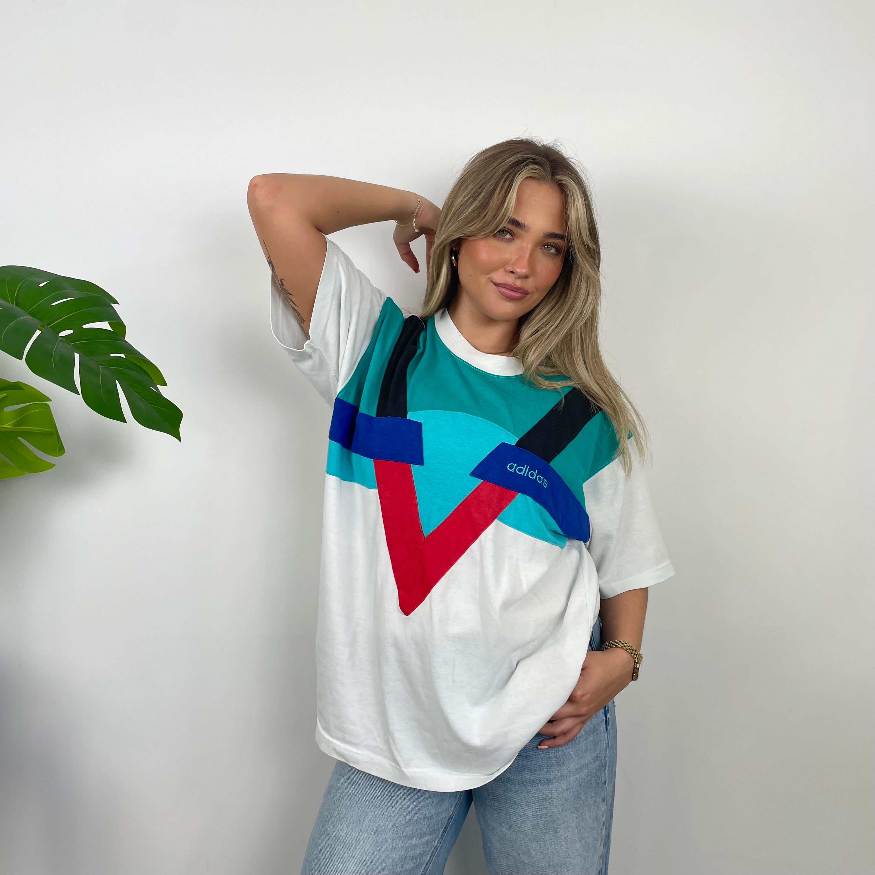 Adidas Colour Block Embroidered Spell Out T Shirt (M)