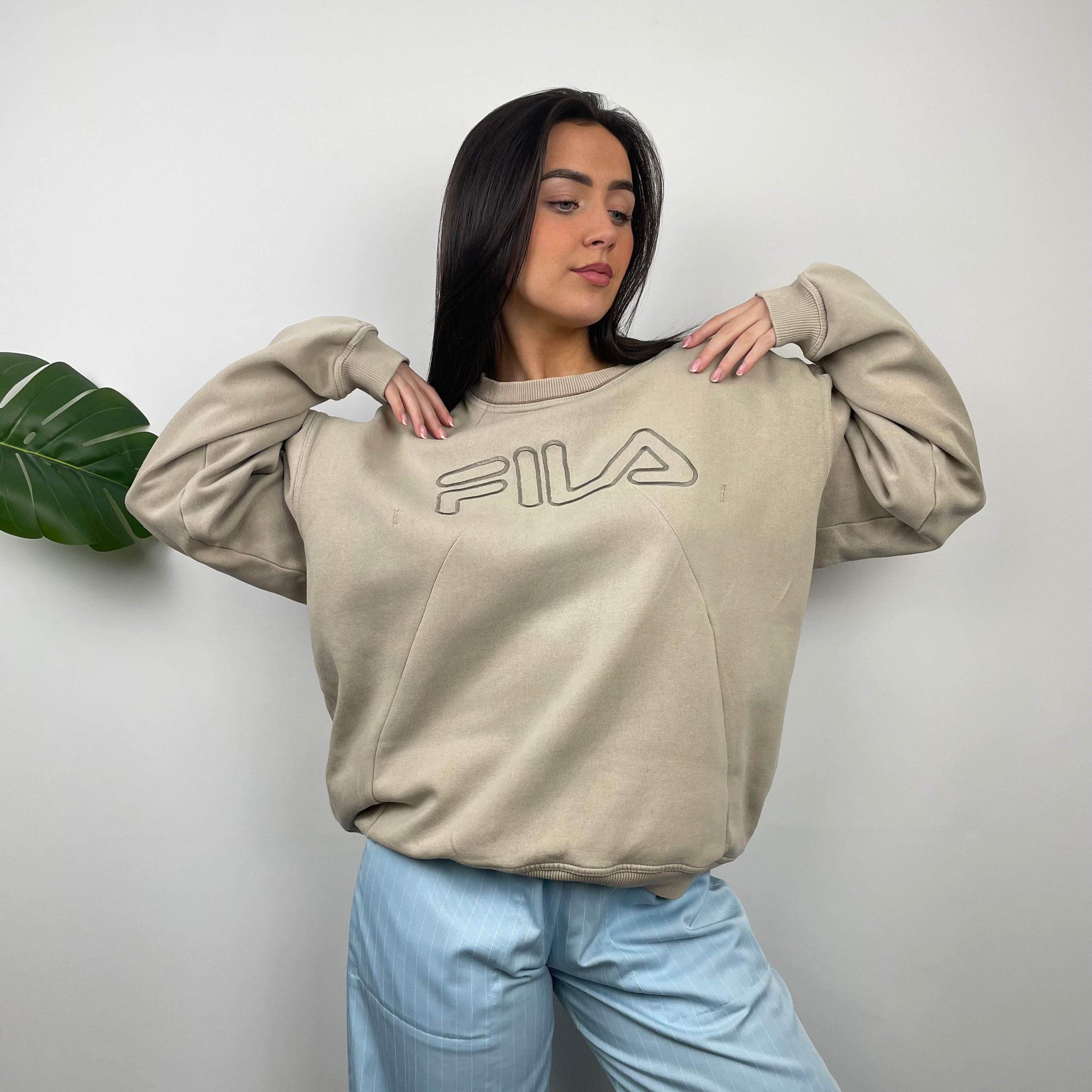 FILA Beige Embroidered Spell Out Sweatshirt (M)