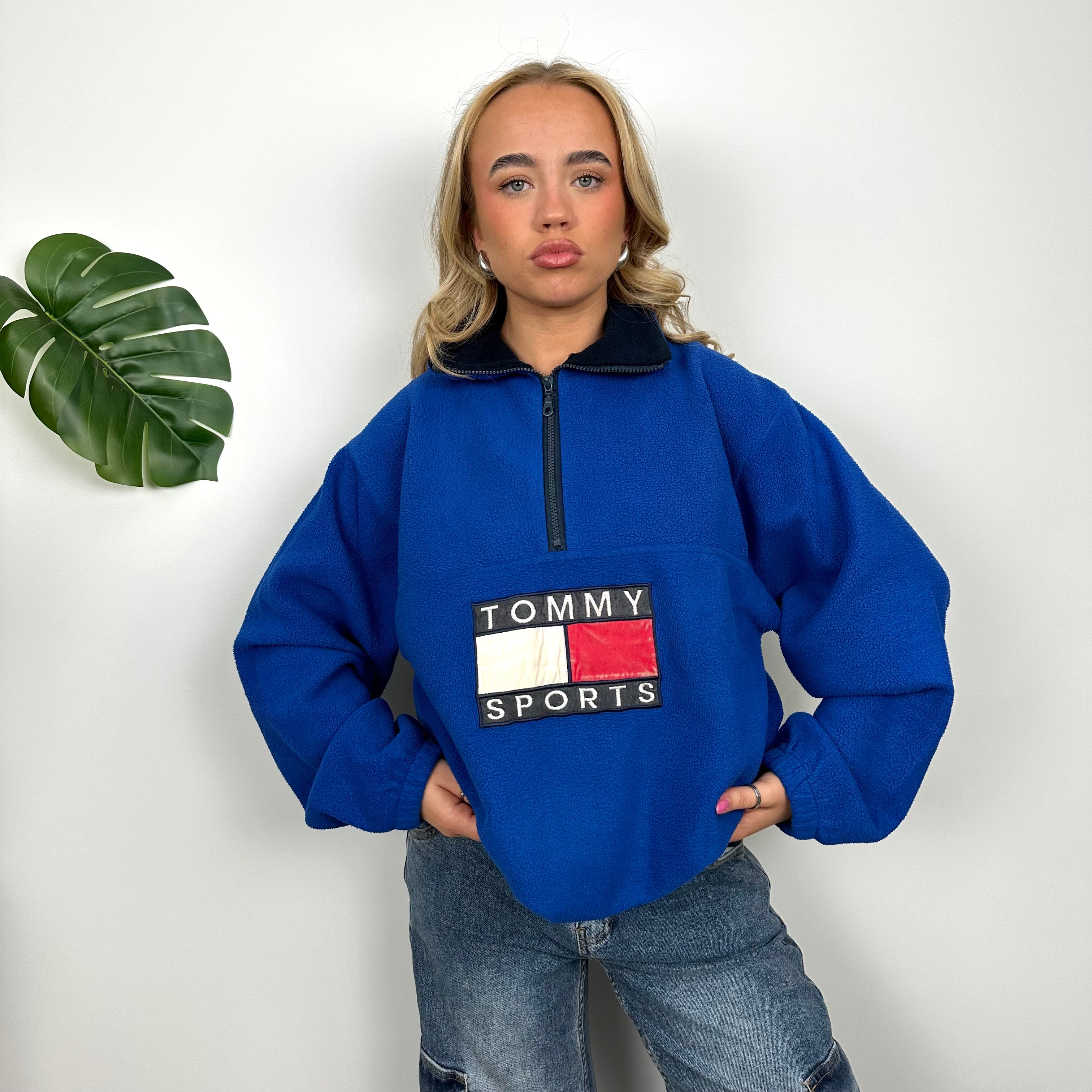 Tommy Hilfiger Blue Embroidered Spell Out Teddy Bear Fleece Quarter Zip Sweatshirt (L)