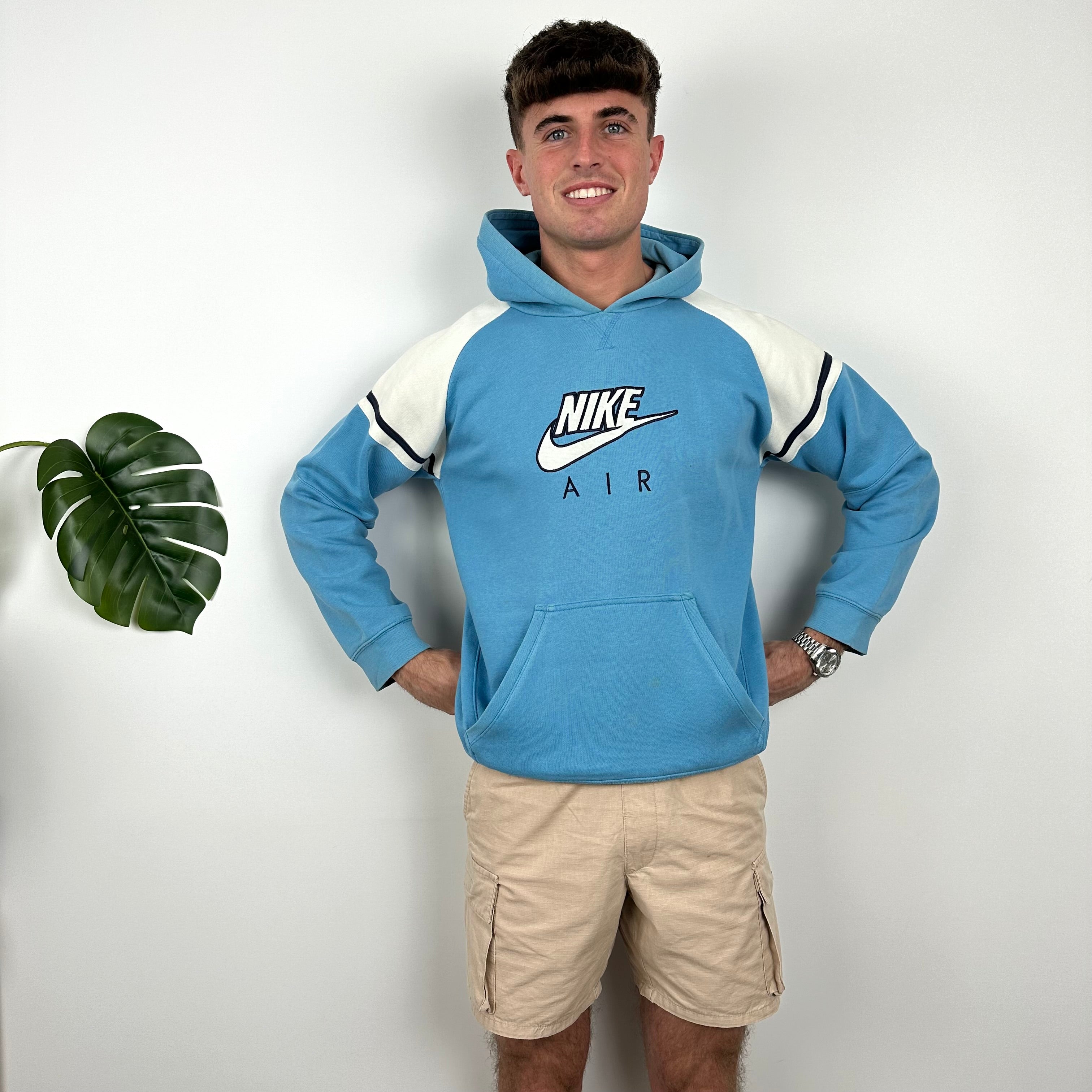 Nike Air RARE White & Baby Blue Embroidered Spell Out Hoodie (L)