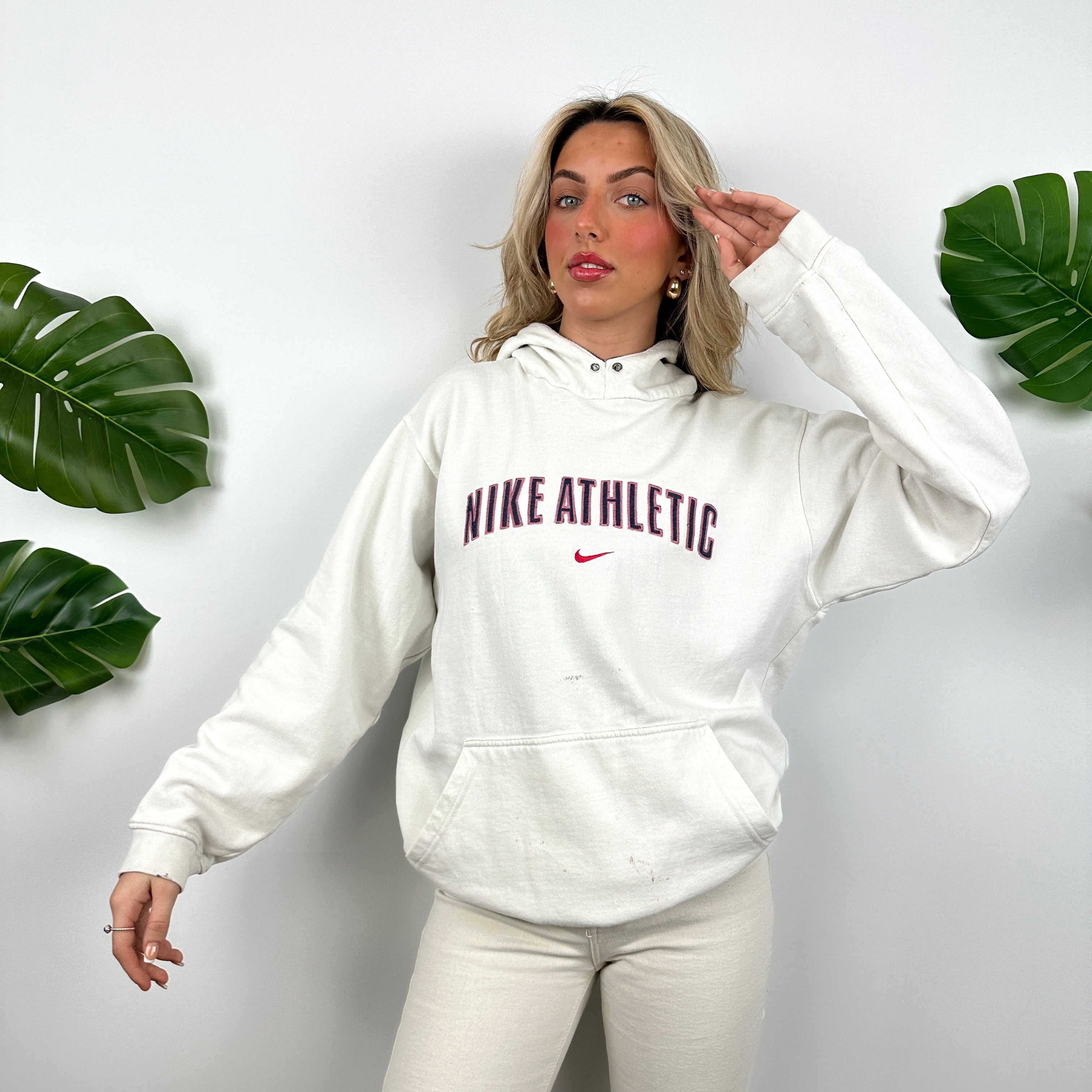 Nike Athletic White Embroidered Spell Out Hoodie (M)