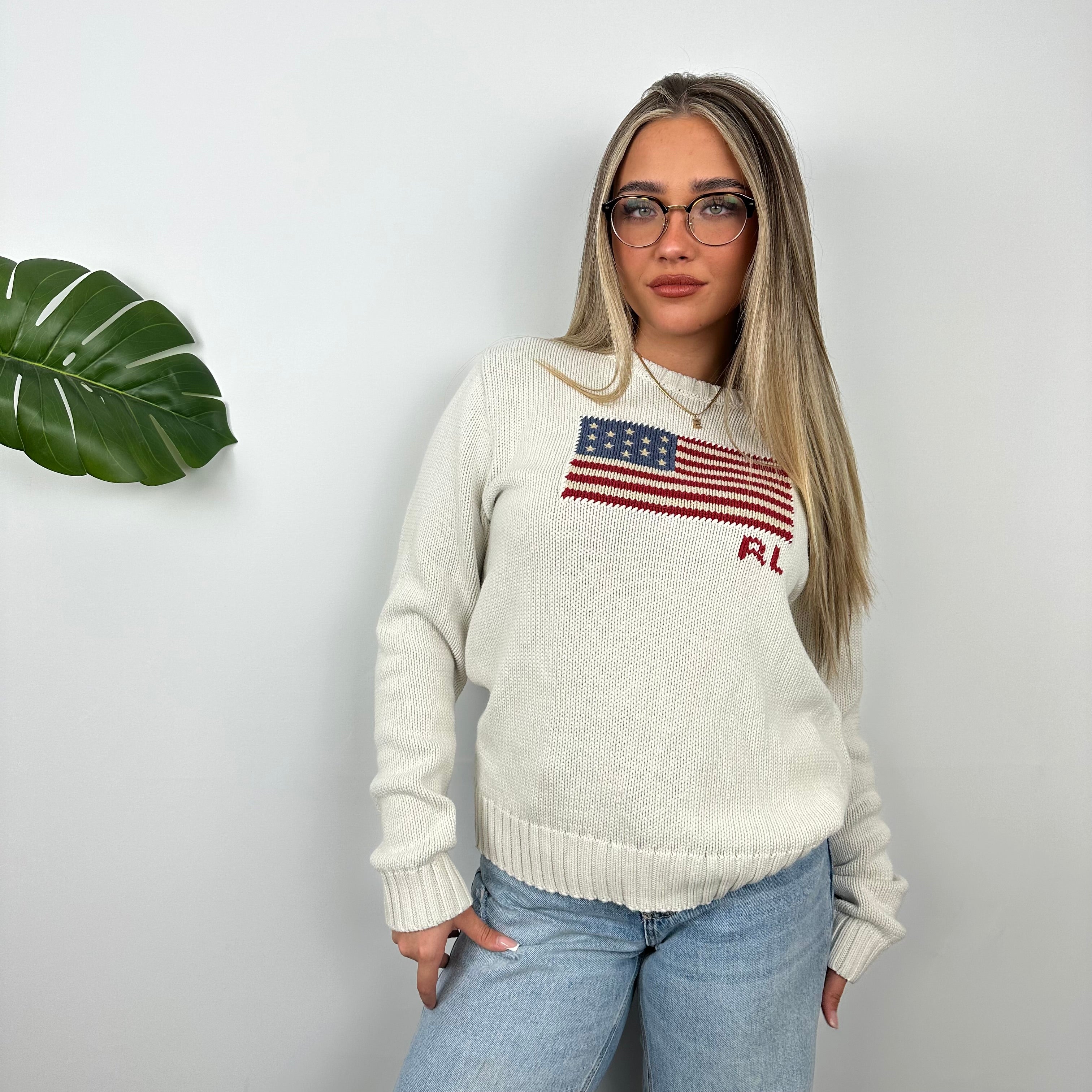 Polo Ralph Lauren White Embroidered Spell Out Knitted Sweater (M)