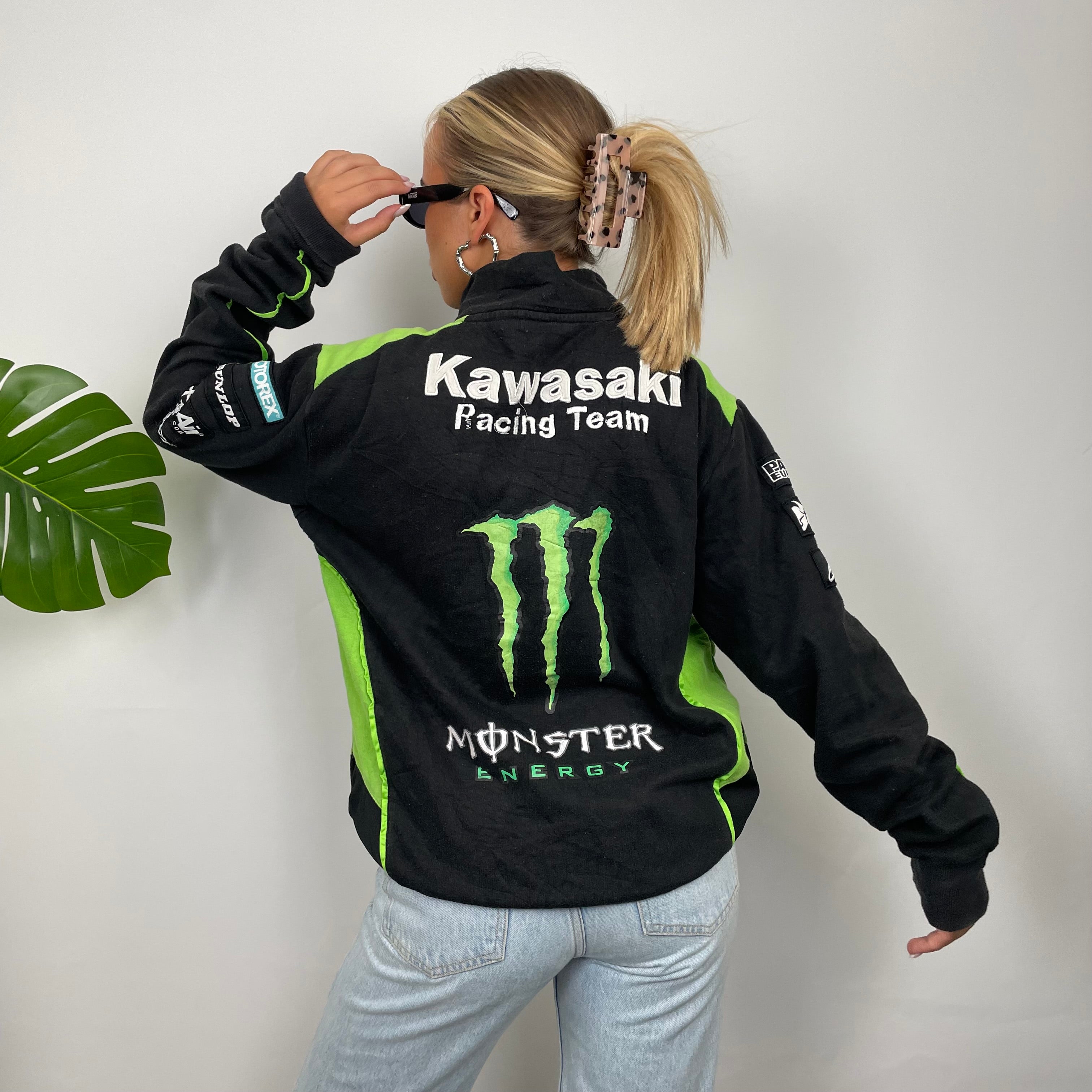 Monster Energy Racing Team Black Embroidered Spell Out Zip Up Hoodie Jacket (L)