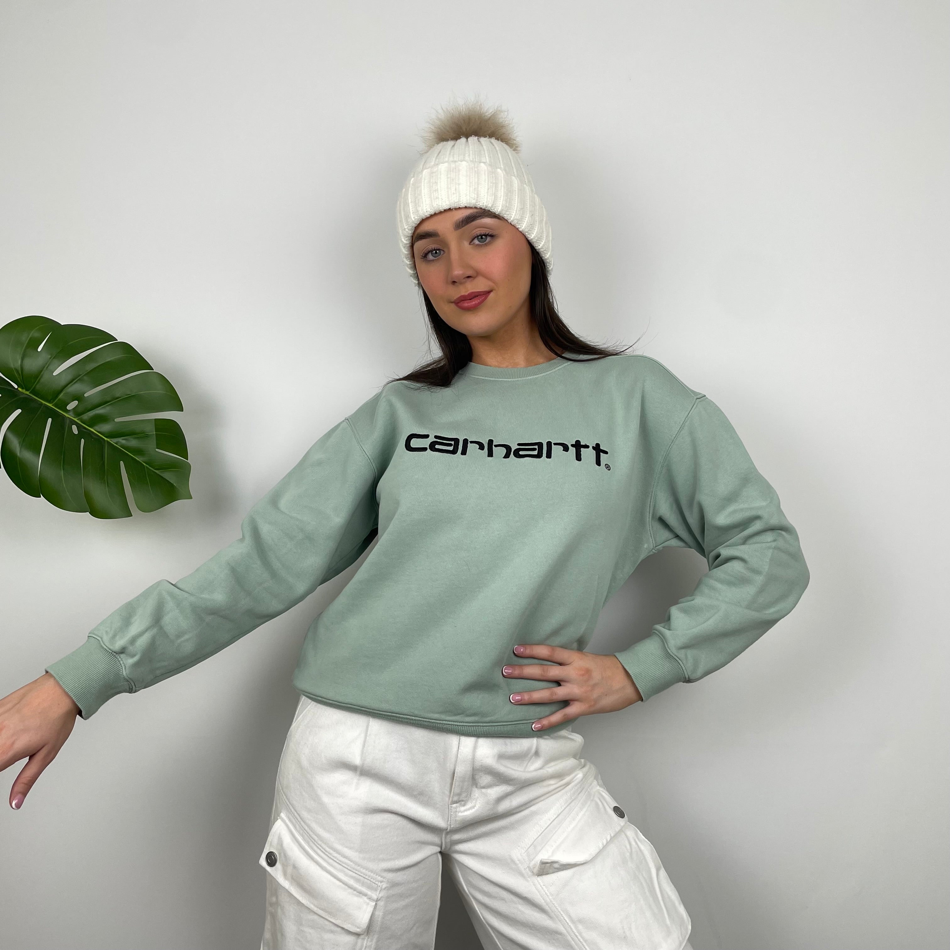 Carhartt RARE Mint Green Embroidered Spell Out Sweatshirt (XS)