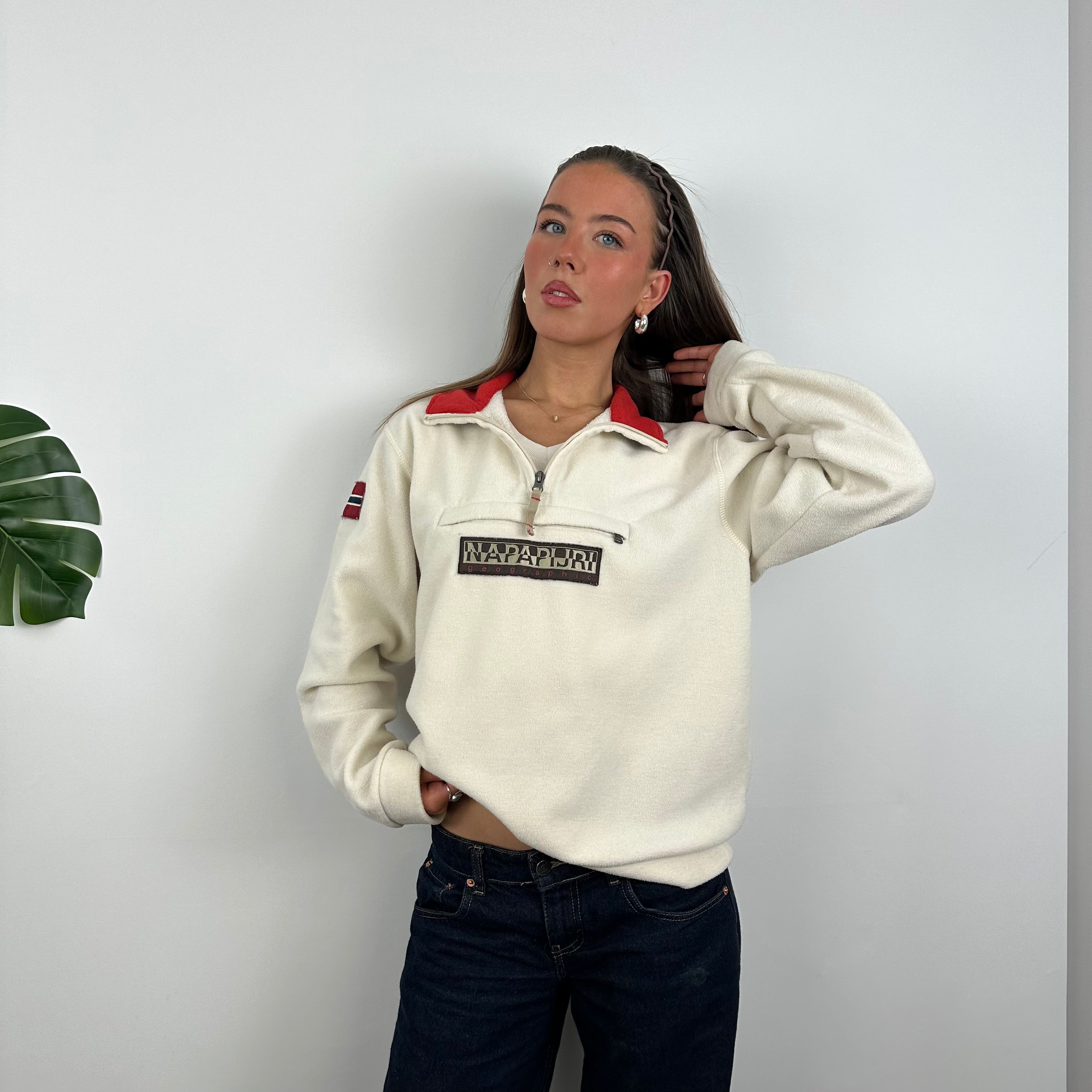 Napapijri Cream Embroidered Spell Out Teddy Bear Fleece Quarter Zip (M)