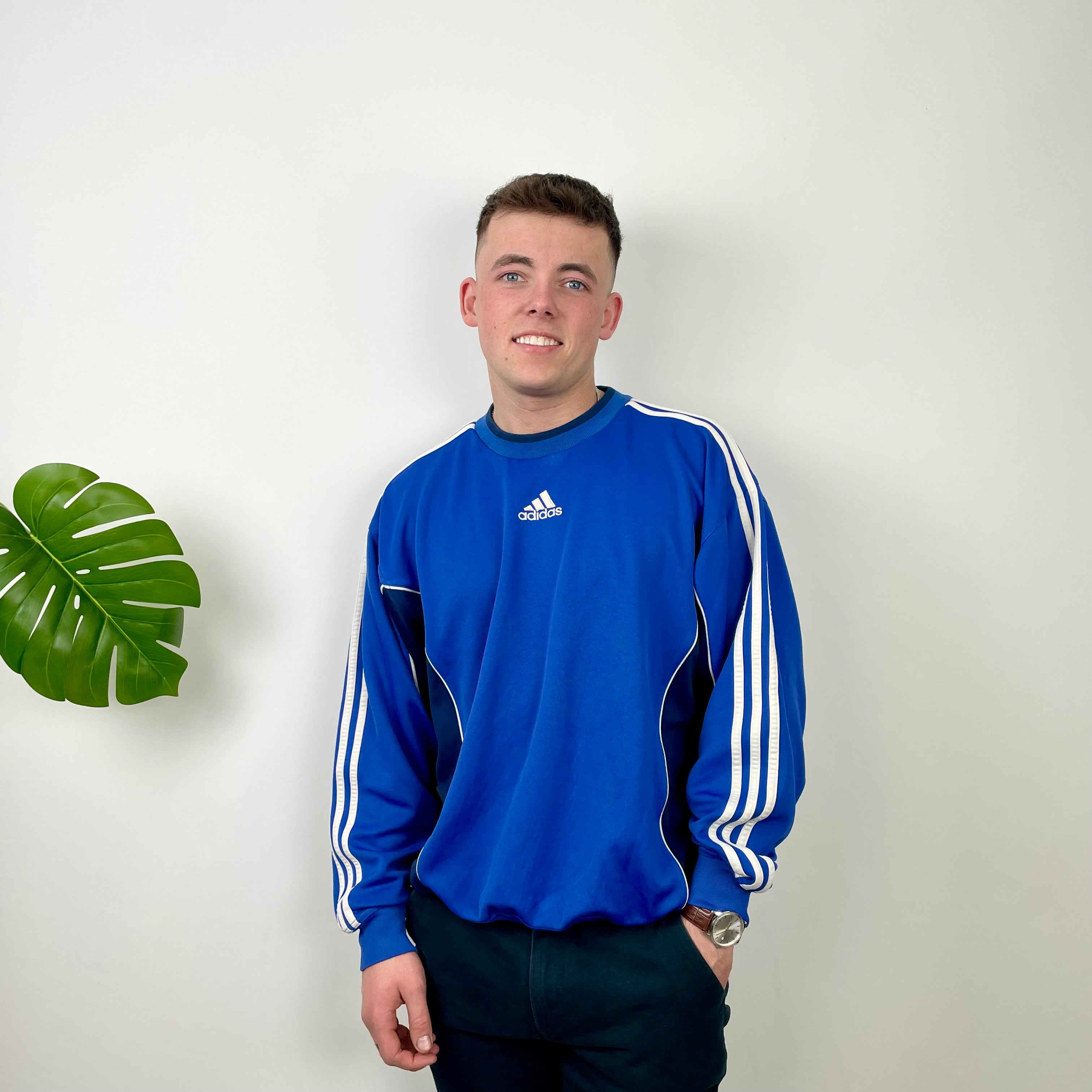 Adidas Blue Embroidered Spell Out Sweatshirt (L)