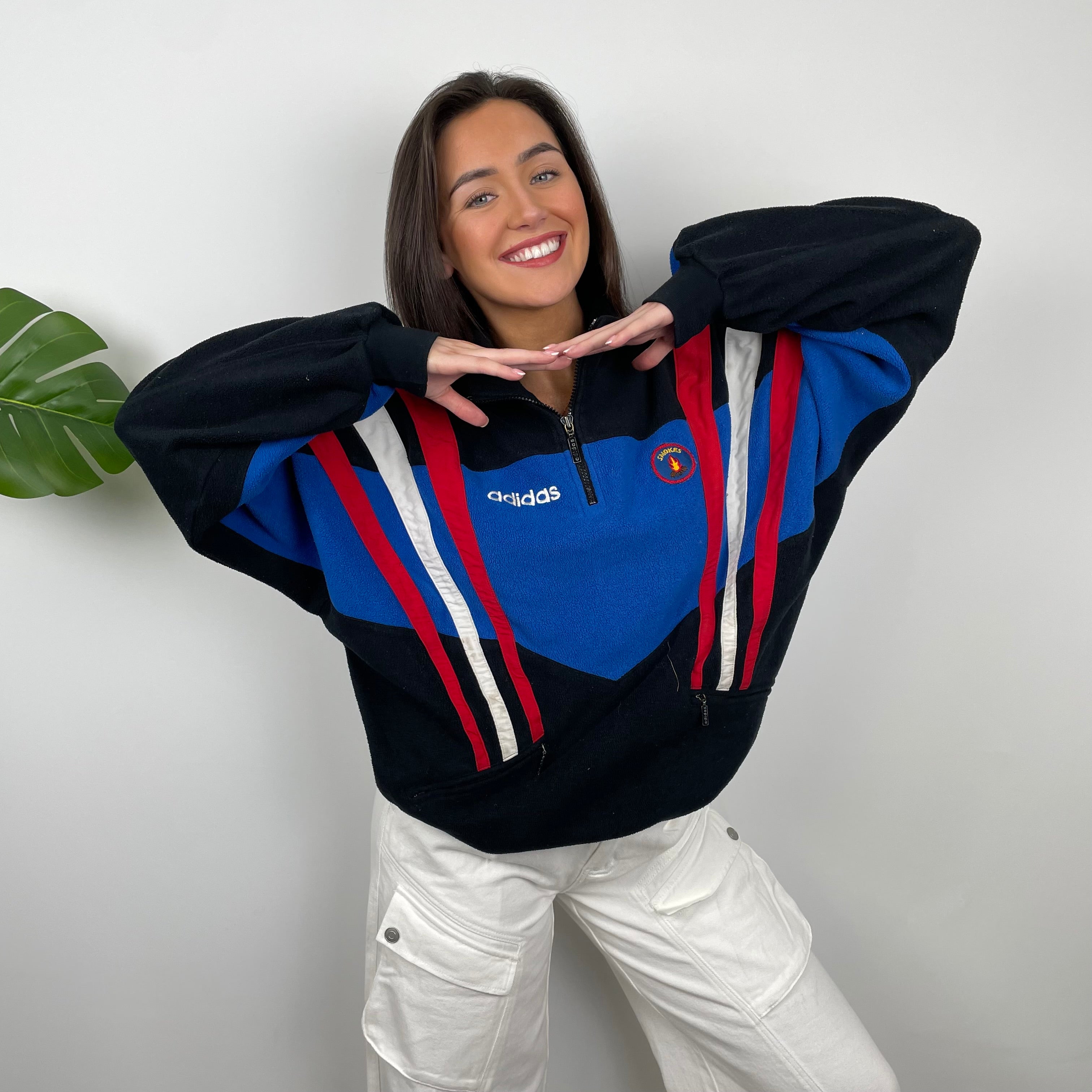 Adidas Blue RARE Colour Block Embroidered Spell Out Teddy Bear Fleece Quarter Zip Sweatshirt (L)