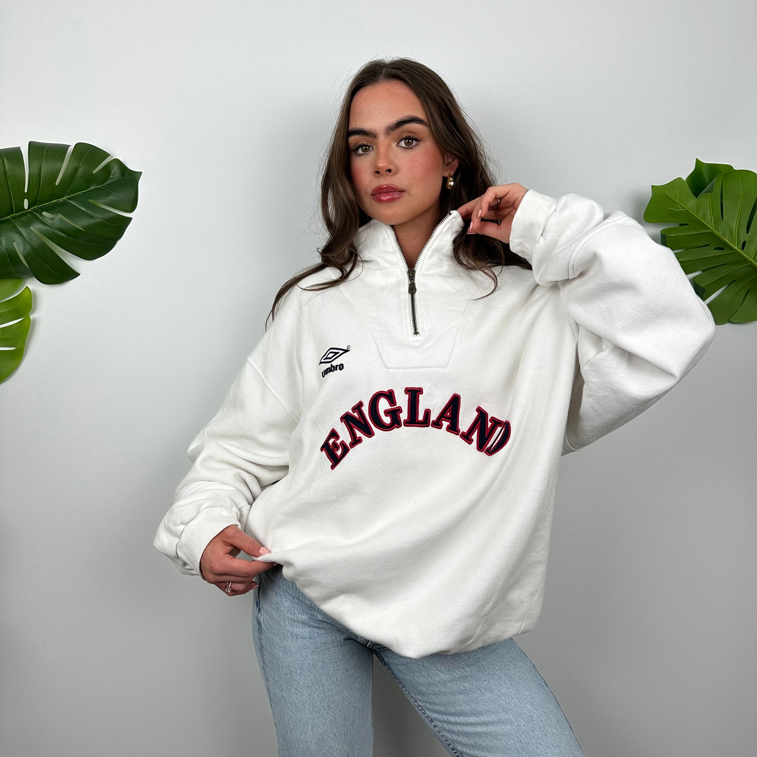 Umbro X England White Embroidered Spell Out Quarter Zip Sweatshirt (XL)