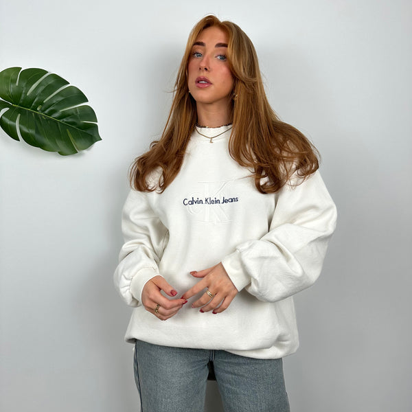 Calvin Klein RARE White Embroidered Spell Out Sweatshirt (XL)