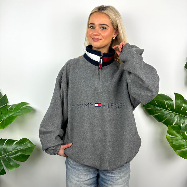 Tommy Hilfiger Grey Embroidered Spell Out Teddy Bear Fleece Quarter Zip Sweatshirt (L)