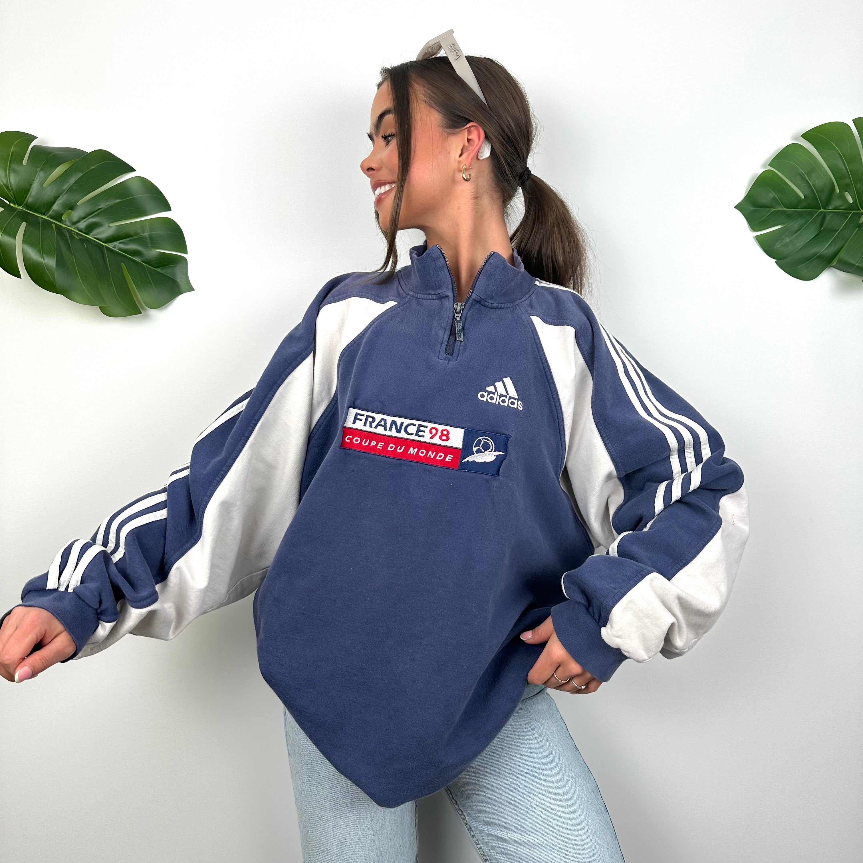 Adidas x Football World Cup France 1998 RARE Navy Embroidered Spell Out Quarter Zip Sweatshirt (XL)