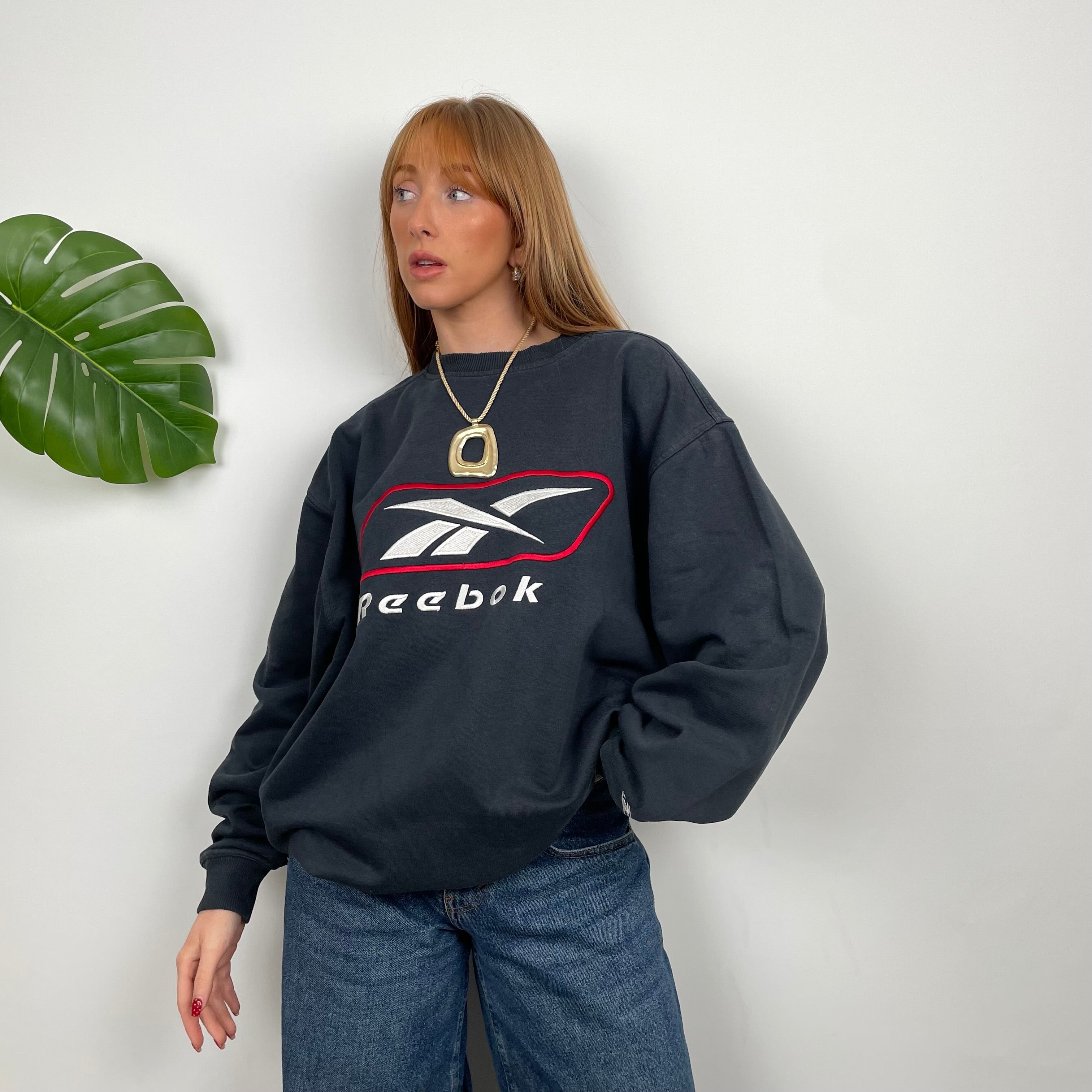 Reebok RARE Black Navy Embroidered Spell Out Sweatshirt