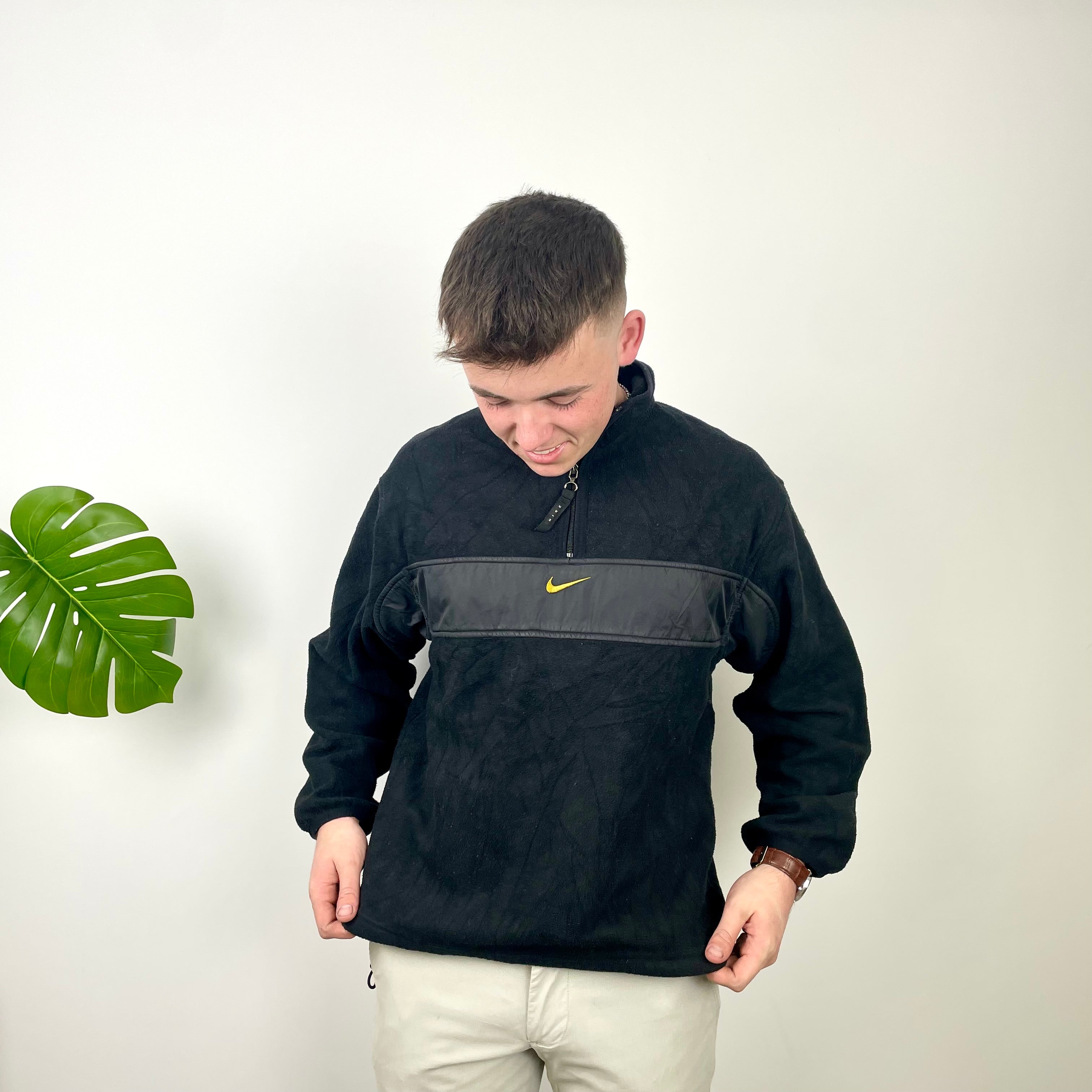 Nike Black Embroidered Swoosh Teddy Bear Fleece Quarter Zip Sweatshirt (S)