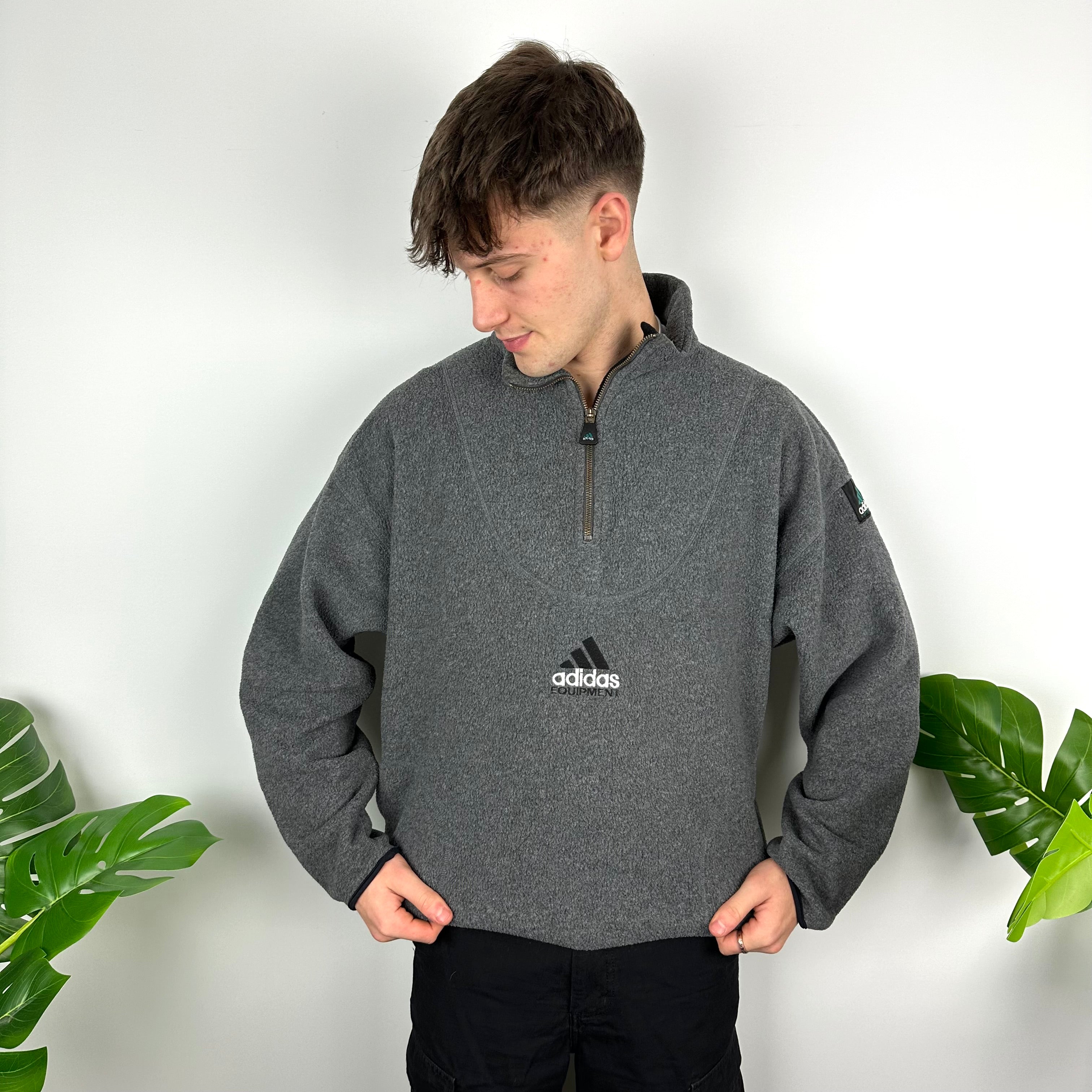 Adidas Equipment RARE Grey Embroidered Spell Out Teddy Bear Fleece Quarter Zip Sweatshirt (XL)