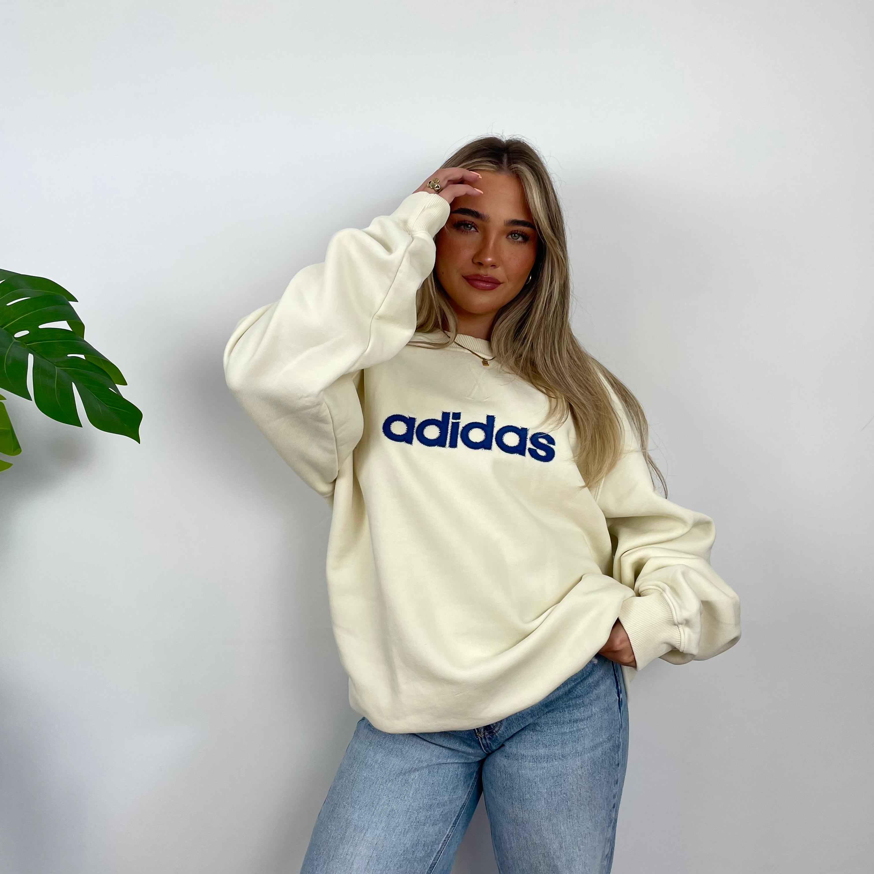Adidas Cream Embroidered Spell Out Sweatshirt (XL)