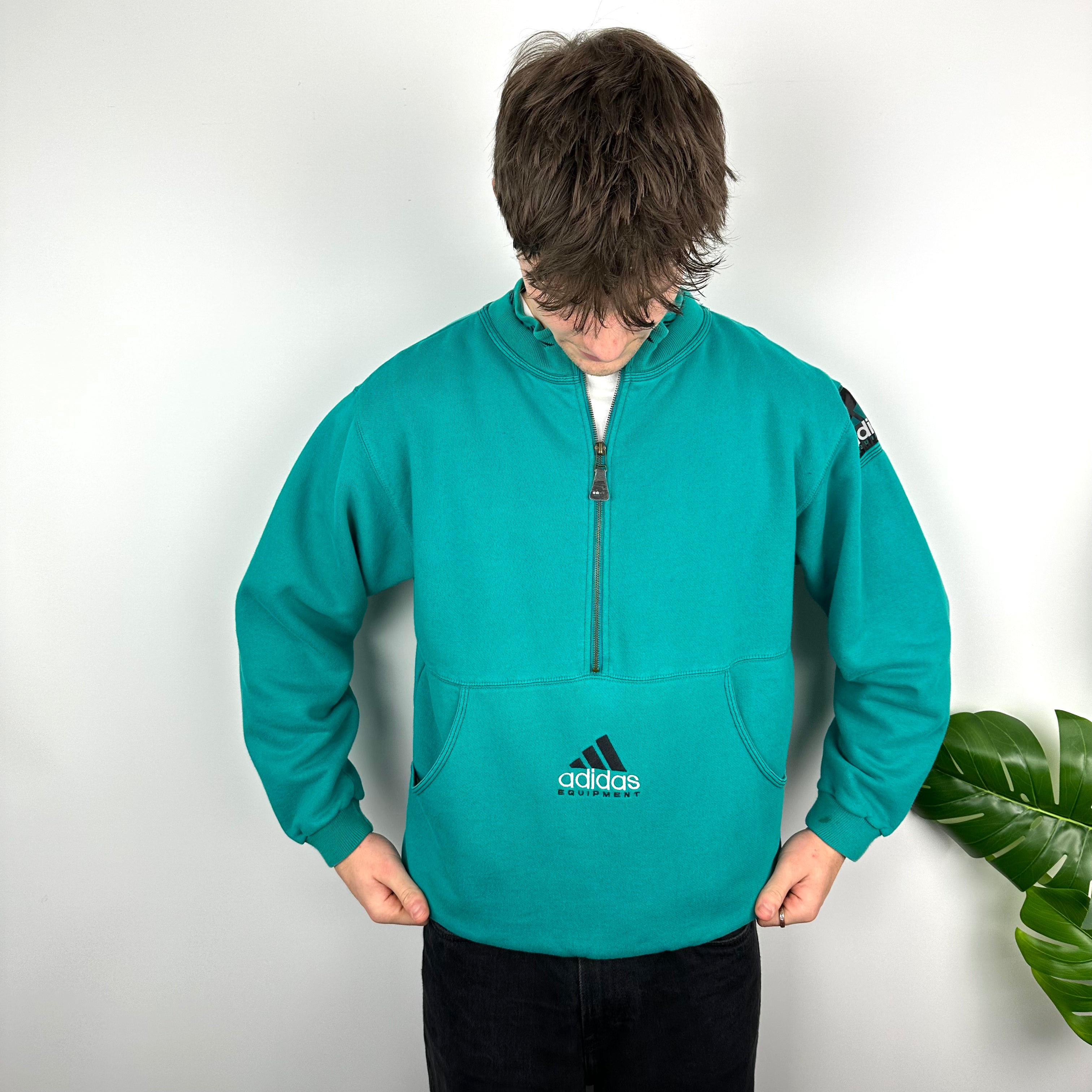 Adidas Equipment Turquoise Green Embroidered Spell Out Quarter Zip Sweatshirt (L)