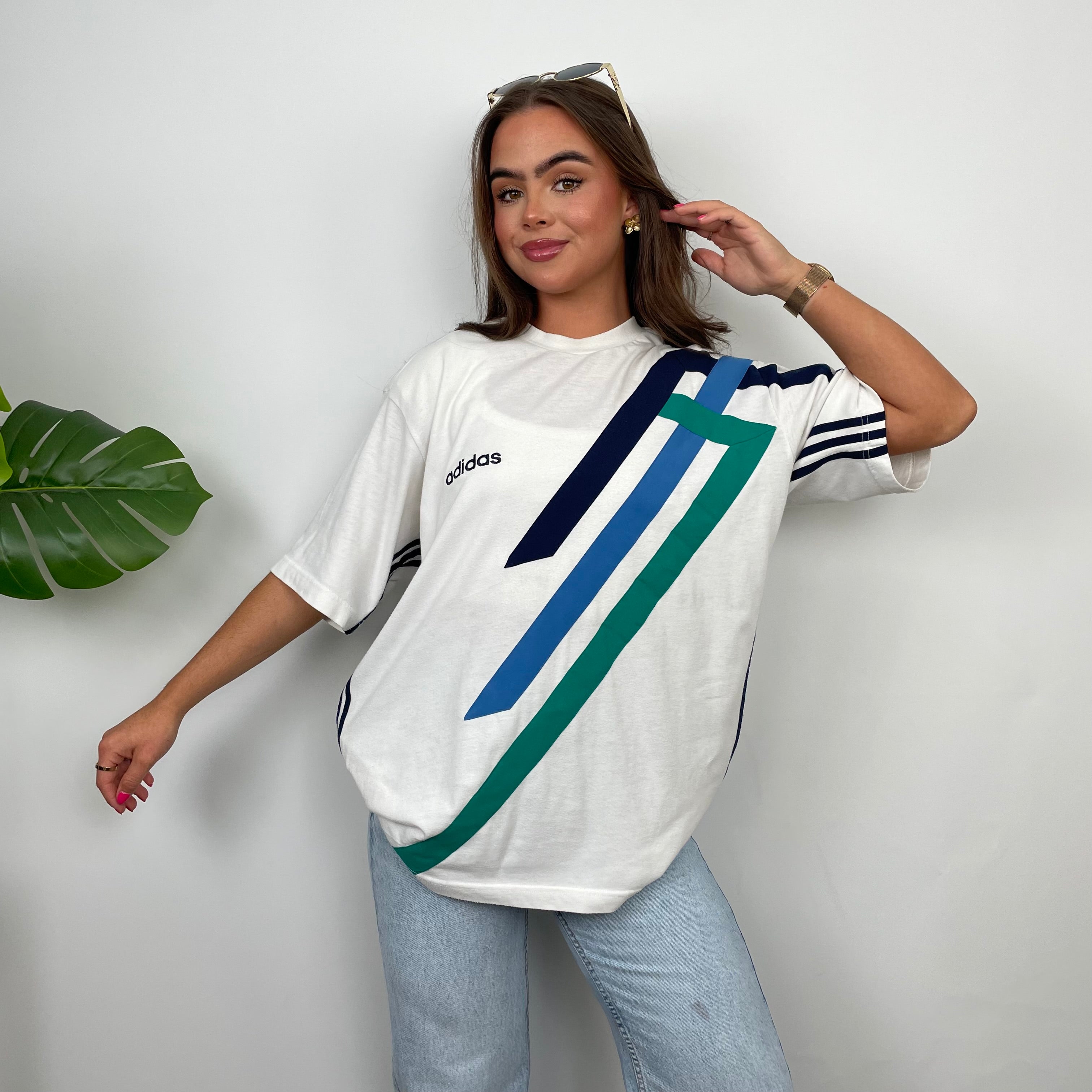 Adidas White Embroidered Spell Out Colour Block T Shirt (XL)