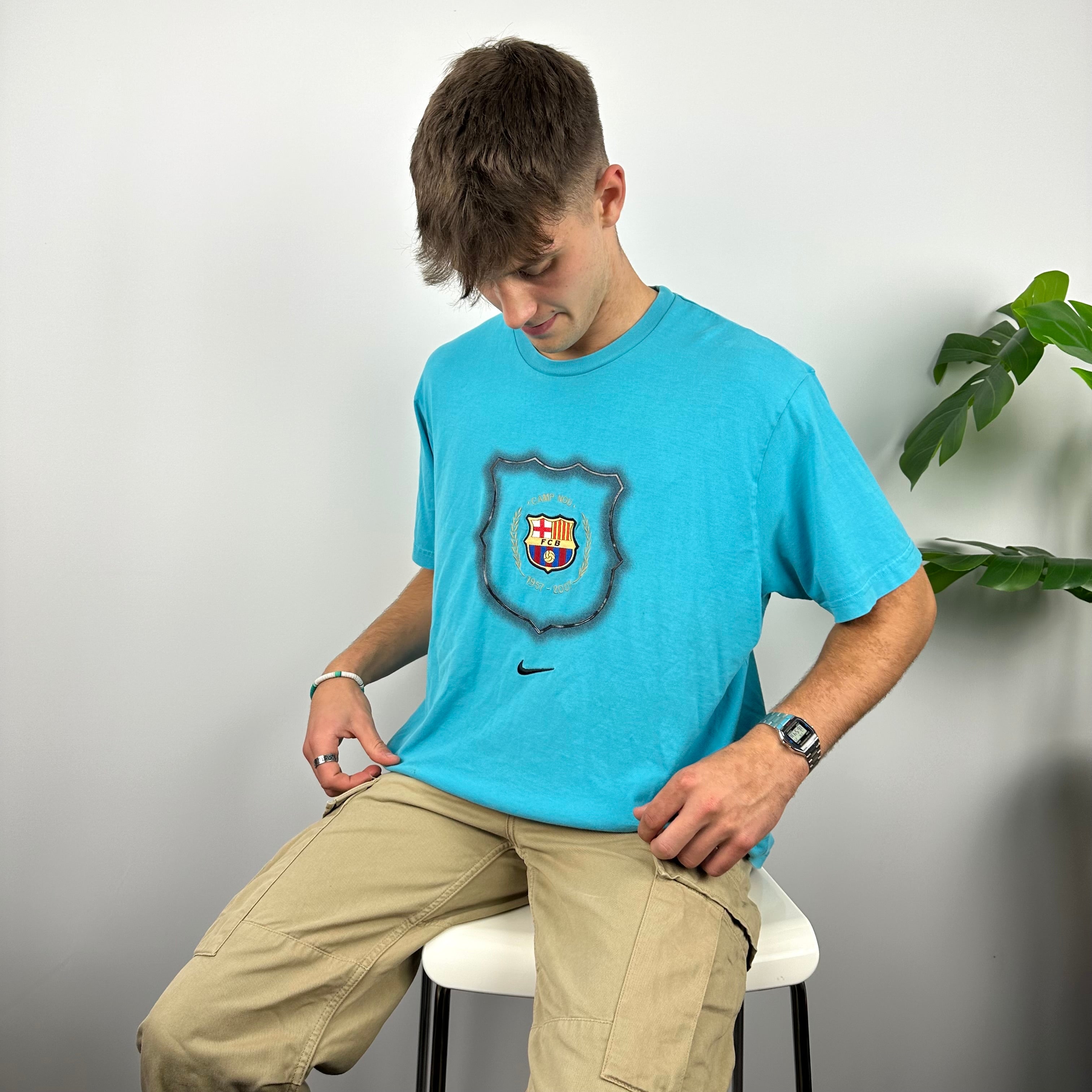 Nike x  FC Barcelona RARE Blue Embroidered Spell Out T Shirt (XXL)