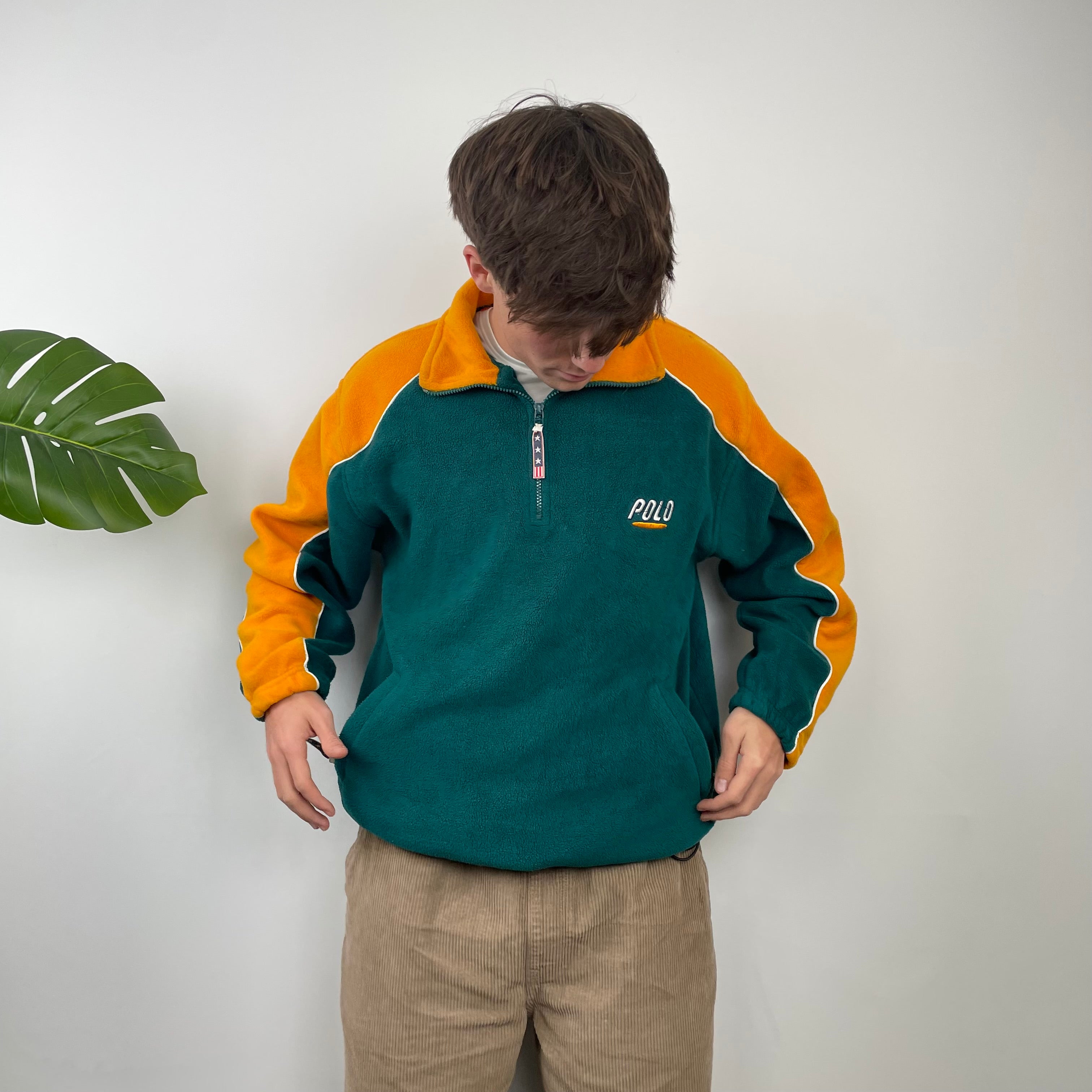 Polo Ralph Lauren Sport Turquoise Embroidered Spell Out Teddy Bear Fleece Quarter Zip Sweatshirt