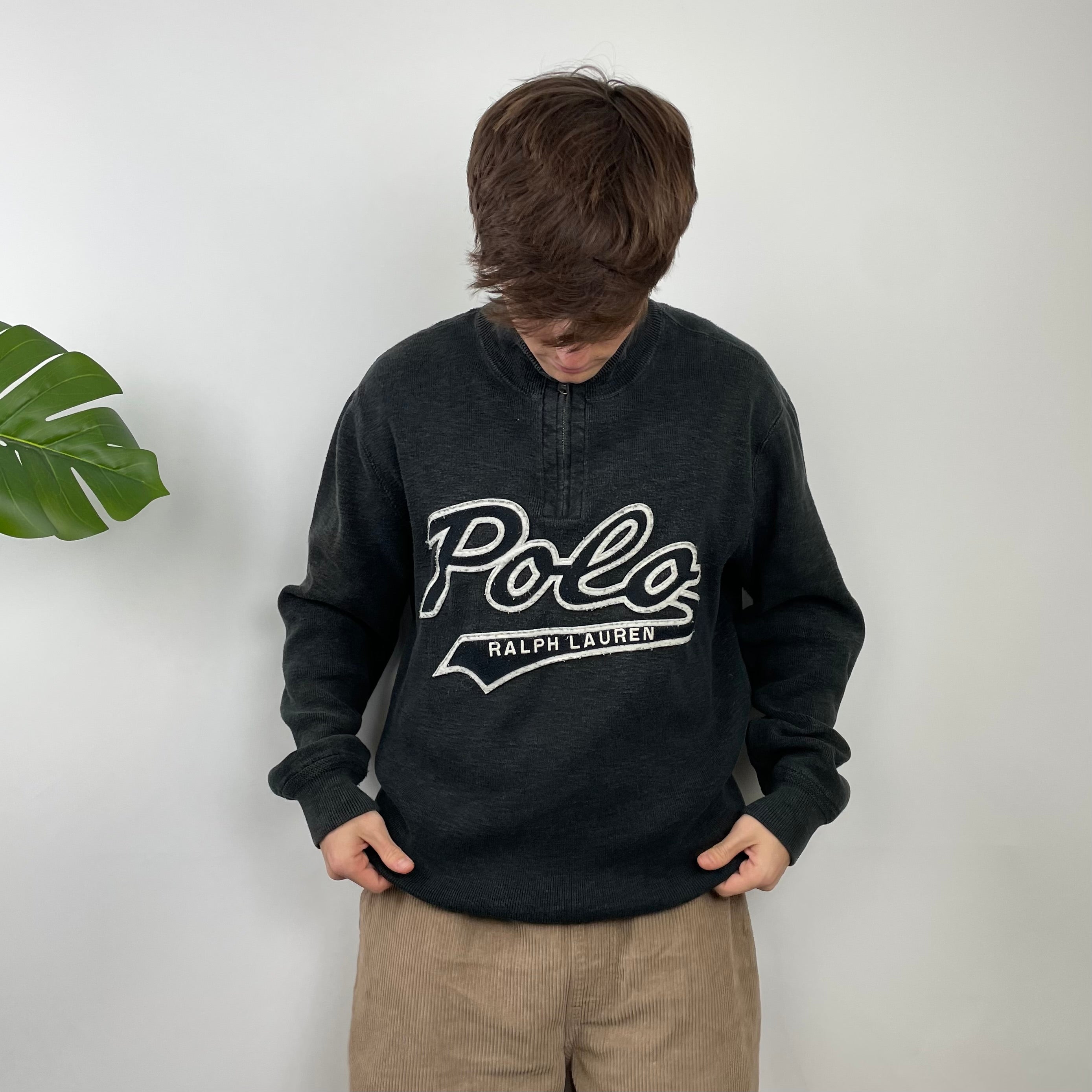 Polo Ralph Lauren Black Embroidered Spell Out Quarter Zip Sweatshirt (XL)