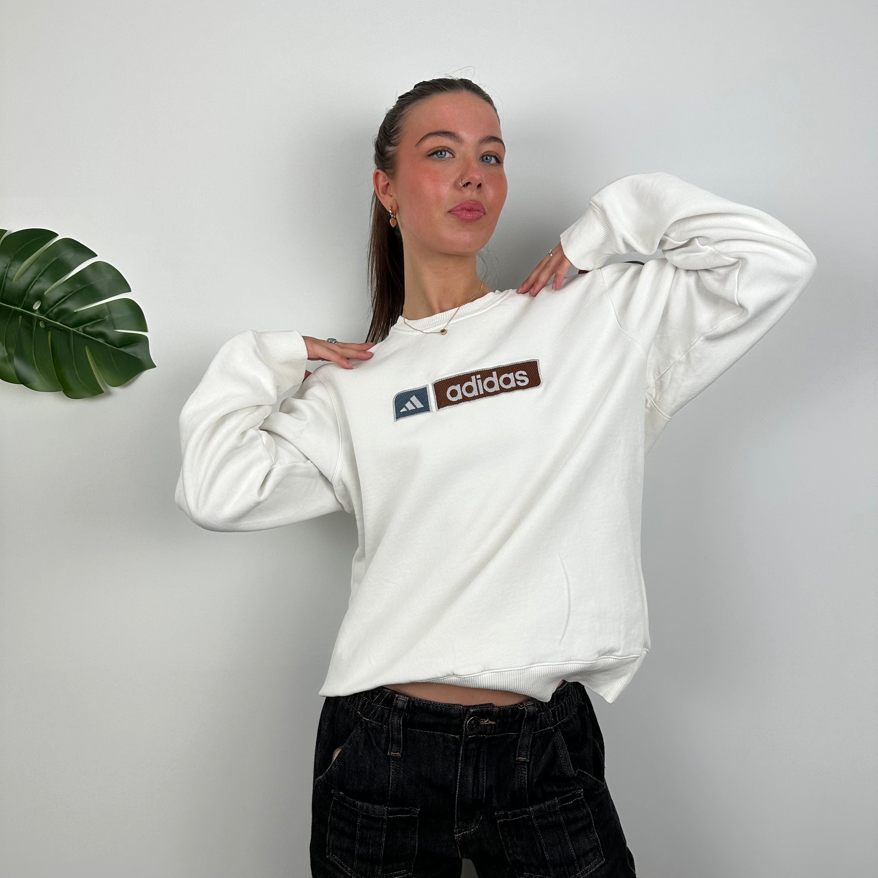 Adidas White Embroidered Spell Out Sweatshirt (M)