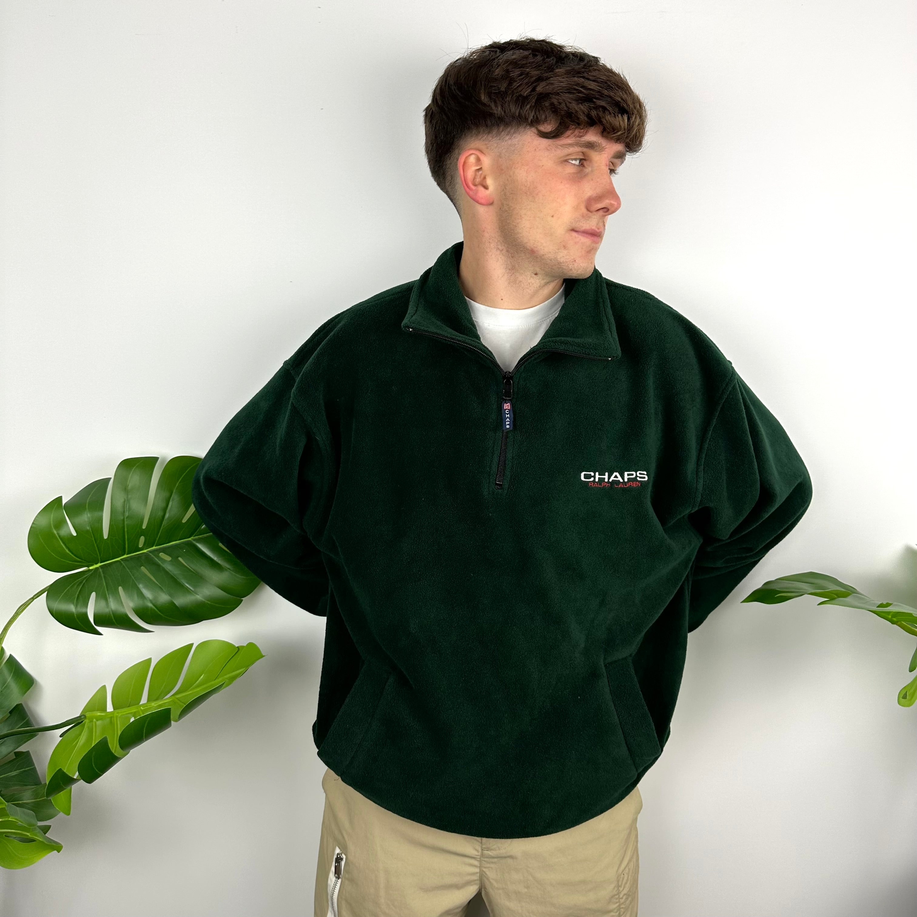 Chaps Ralph Lauren Green Embroidered Spell Out Teddy Bear Fleece Quarter Zip Sweatshirt (XL)