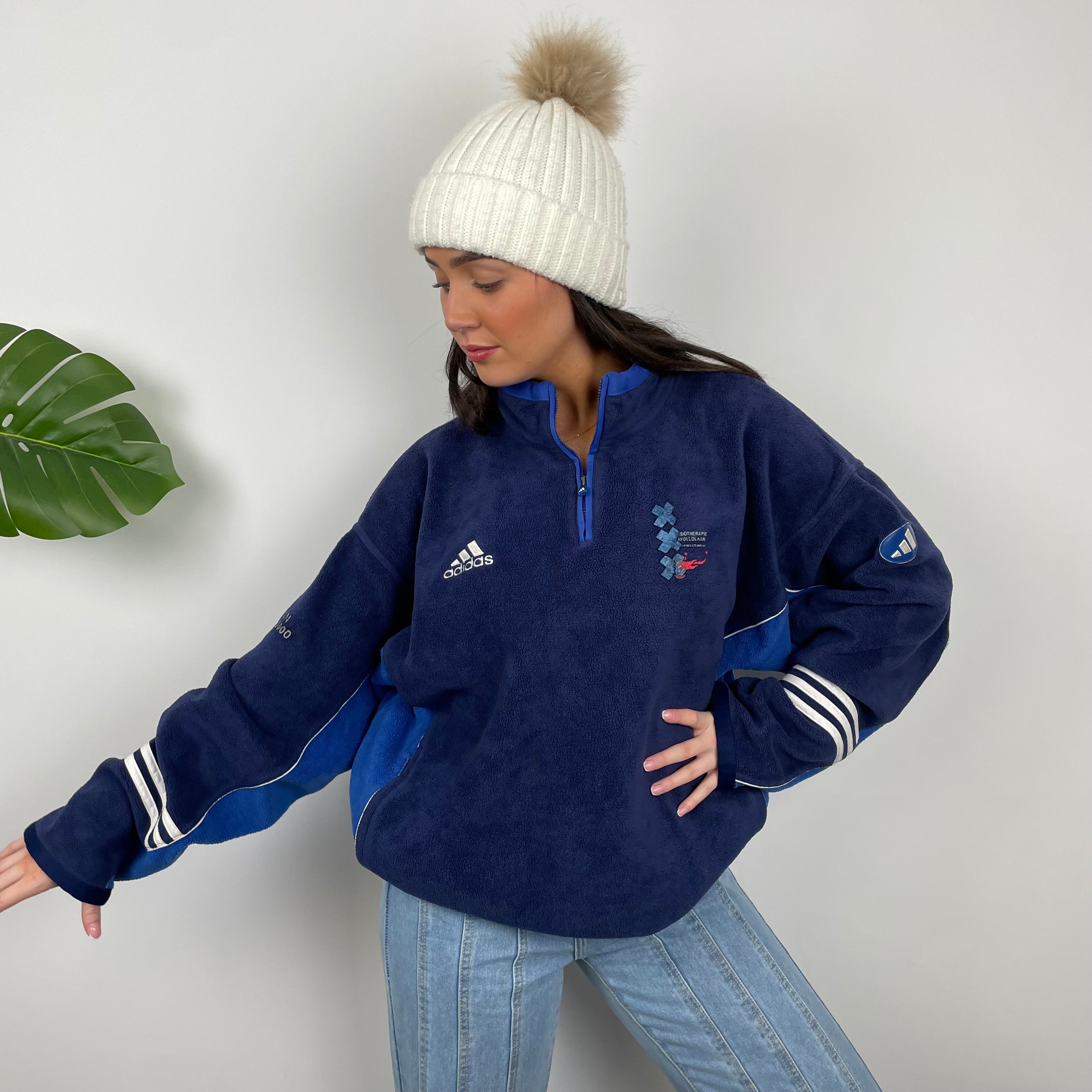 Adidas Navy Embroidered Spell Out Teddy Bear Fleece Quarter Zip Sweatshirt (L)