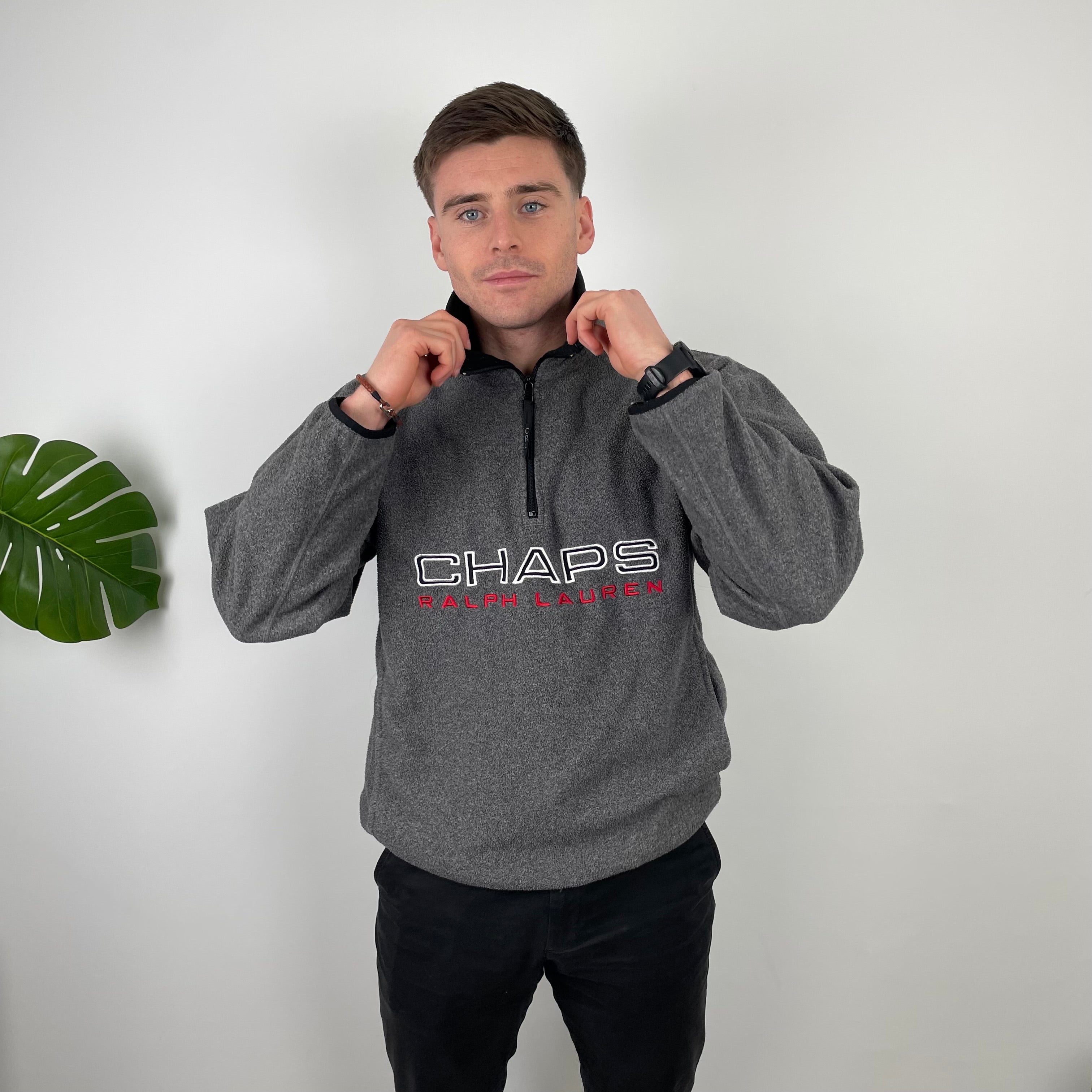Chaps Ralph Lauren Grey Embroidered Spell Out Teddy Bear Fleece Quarter Zip Sweatshirt (L)