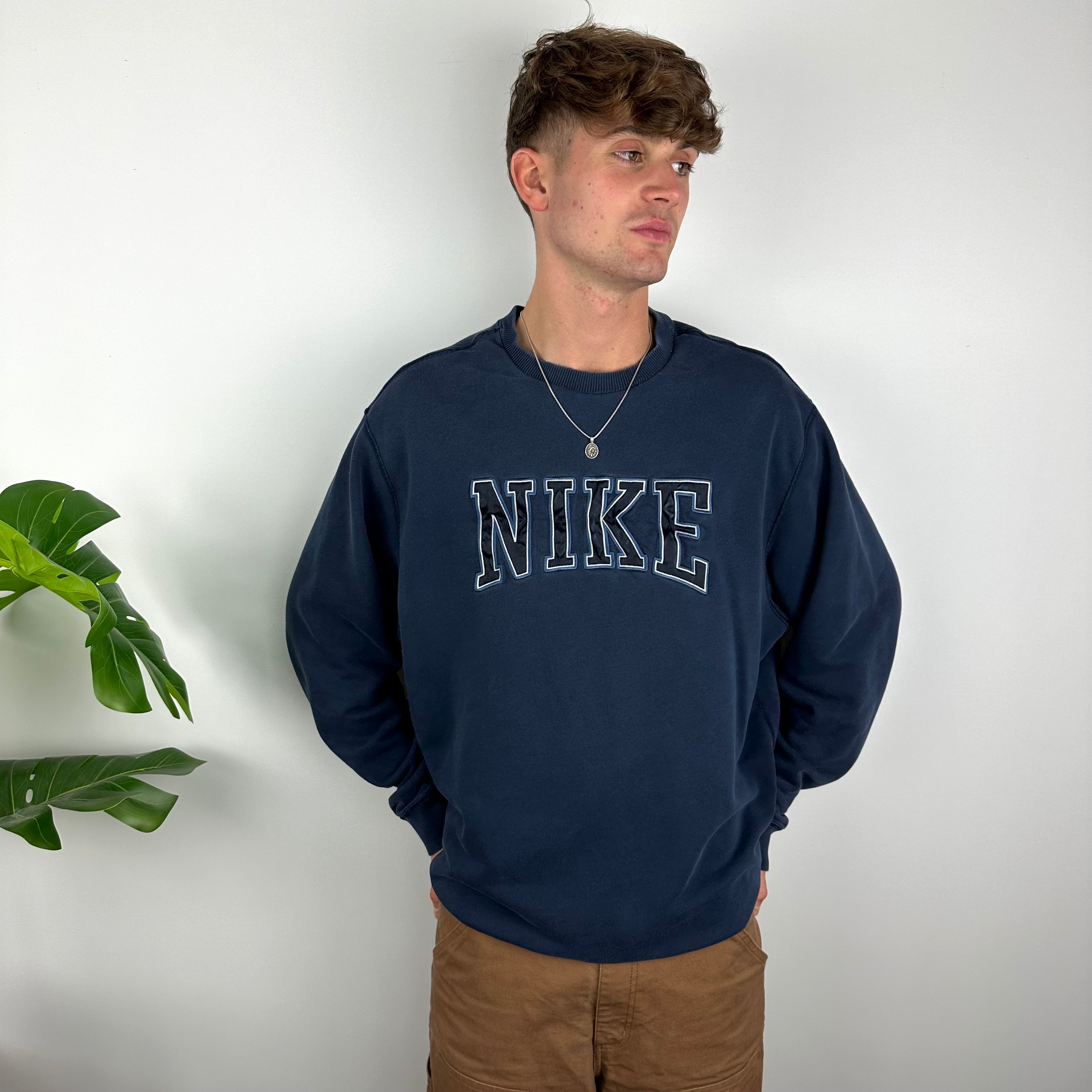 Nike RARE Navy Embroidered Spell Out Sweatshirt (XL)