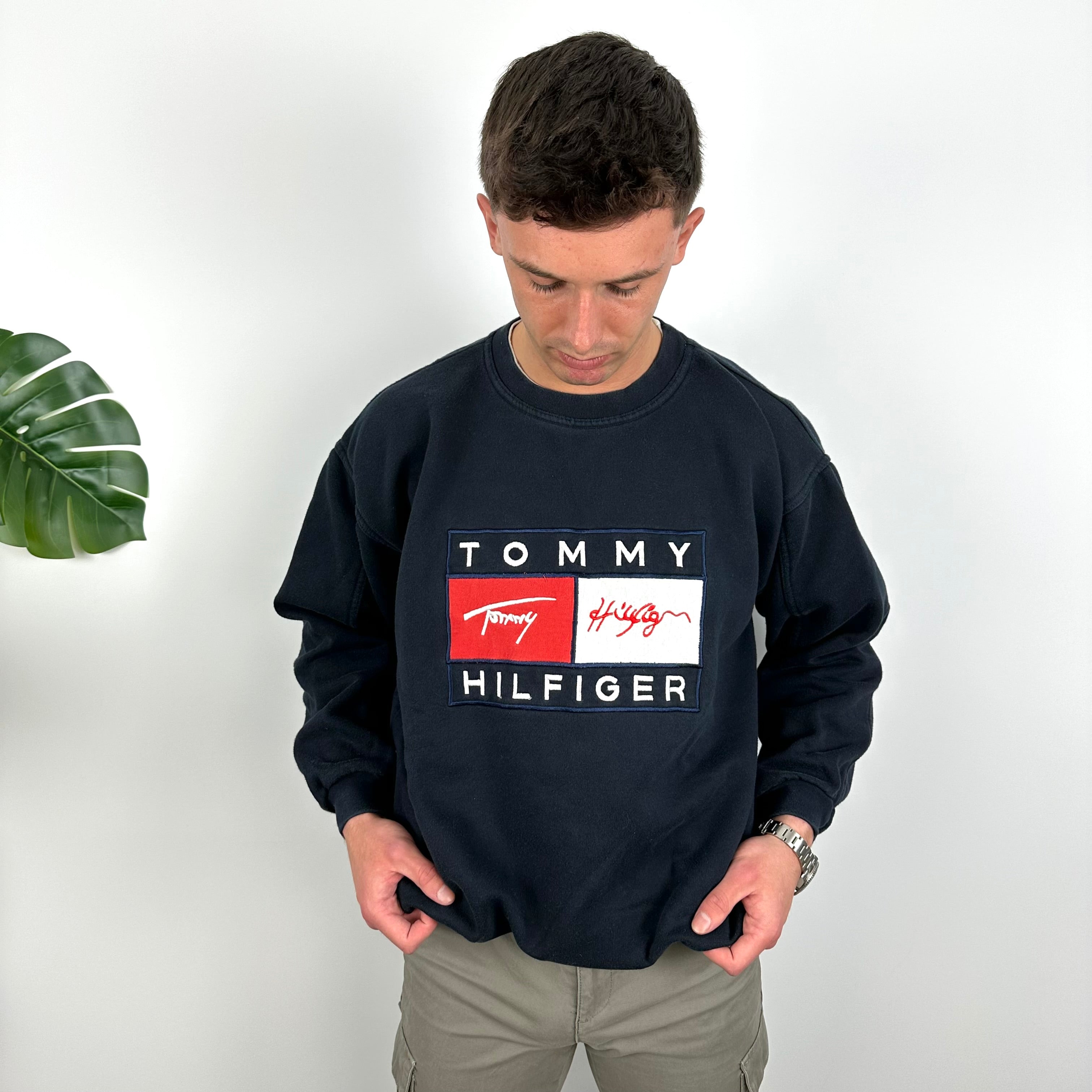 Tommy Hilfiger RARE Navy Embroidered Spell Out Sweatshirt (L)