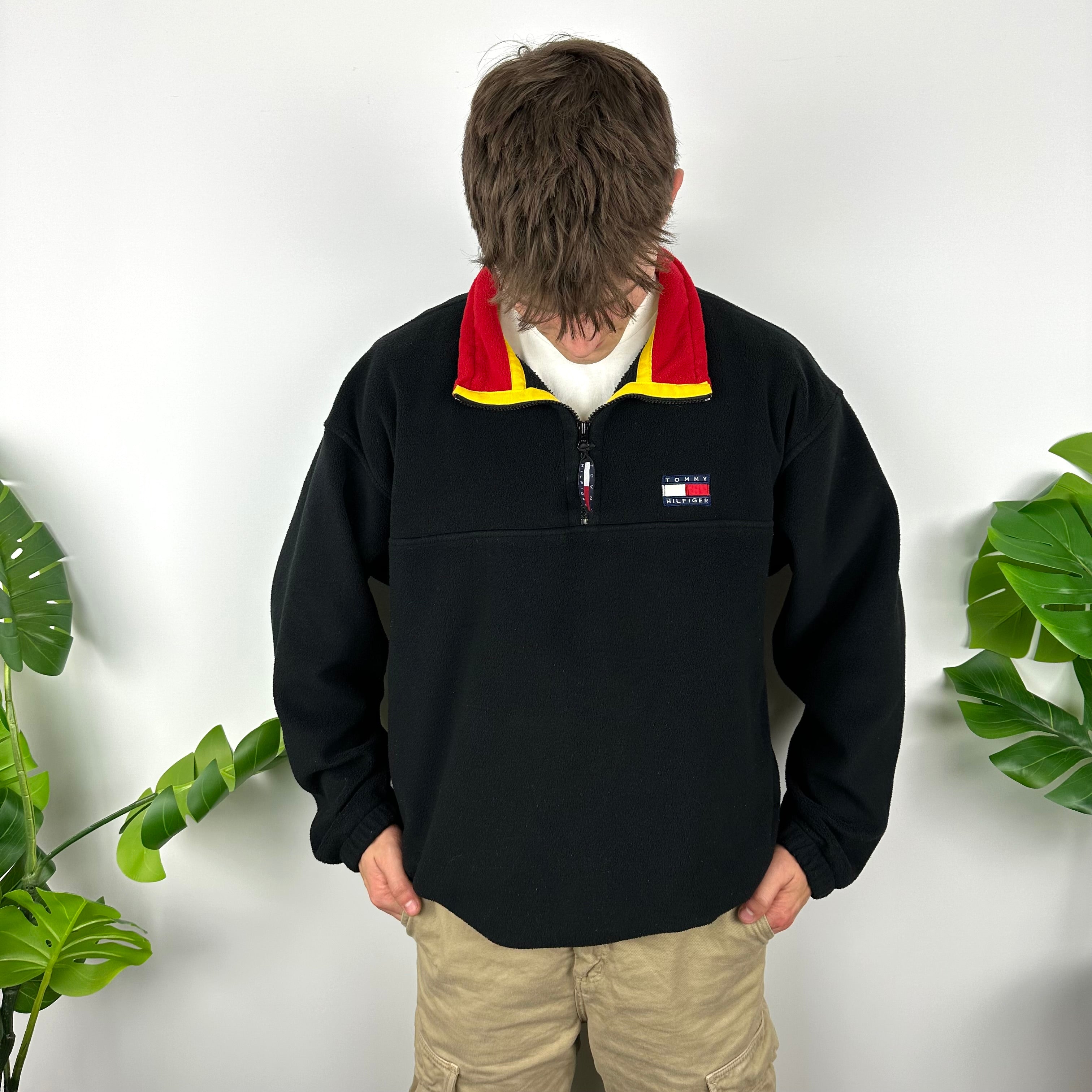 Tommy Hilfiger Black Embroidered Spell Out Teddy Bear Fleece Quarter Zip Sweatshirt (XL)