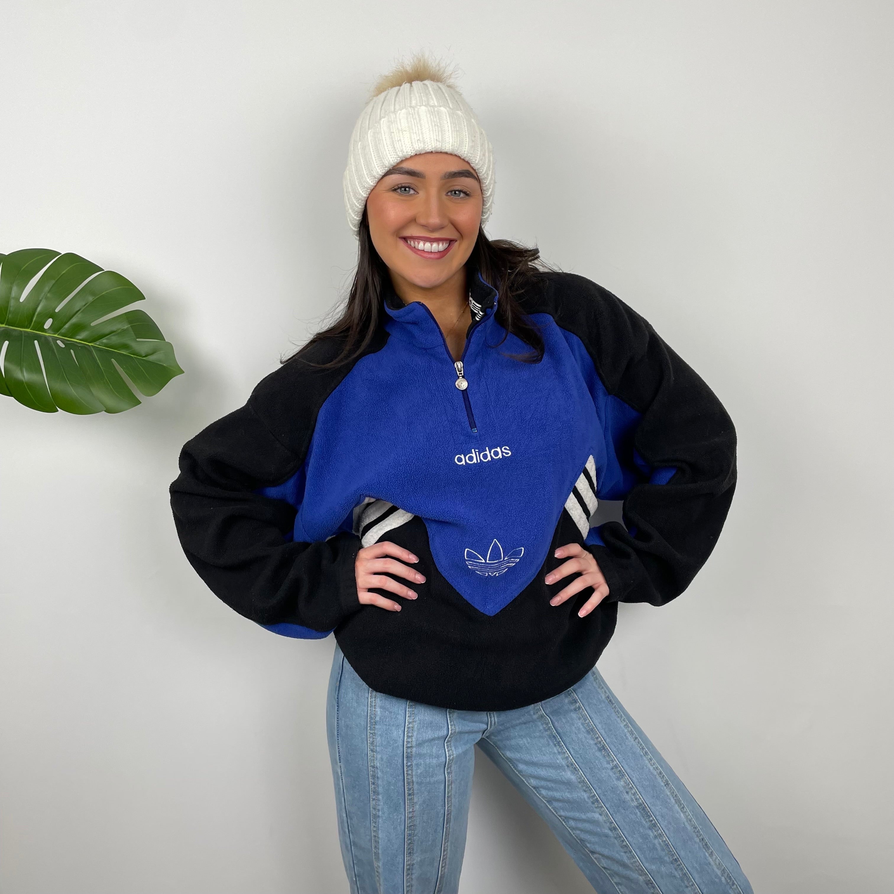 Adidas Blue Colour Block Embroidered Spell Out Teddy Bear Fleece Quarter Zip Sweatshirt (L)