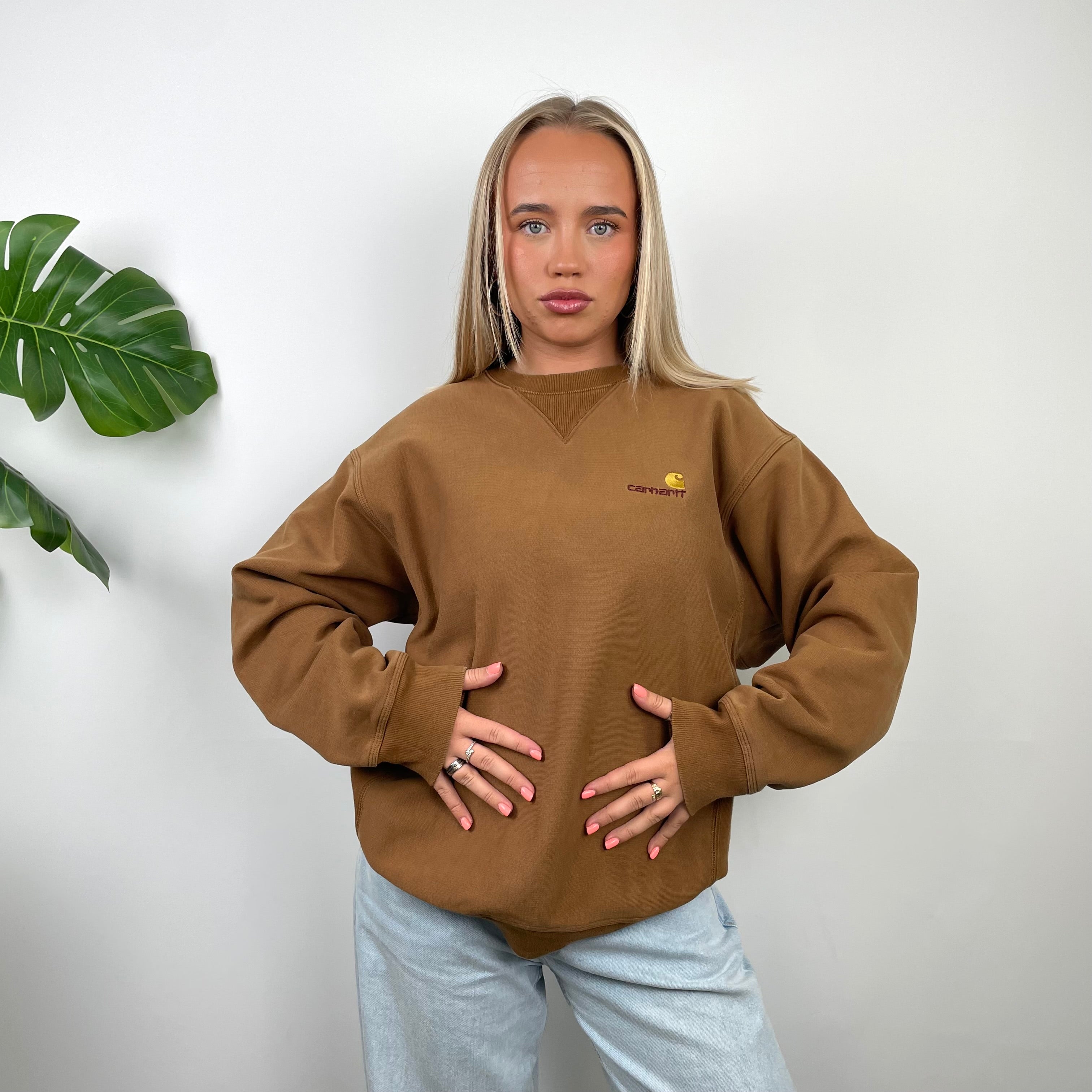 Carhartt RARE Tan Brown Embroidered Spell Out Sweatshirt (L)