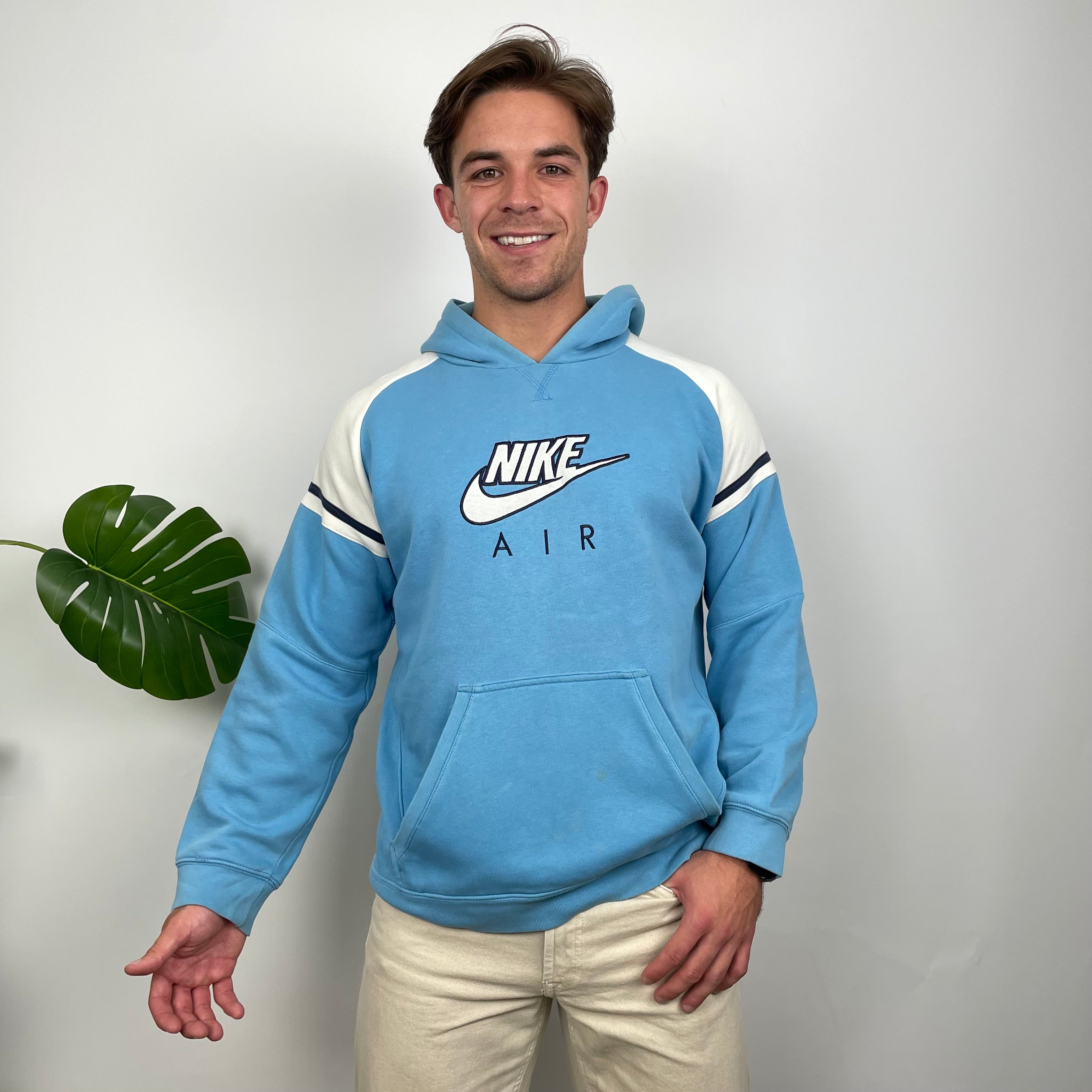 Nike Air RARE White & Baby Blue Embroidered Spell Out Hoodie (L)